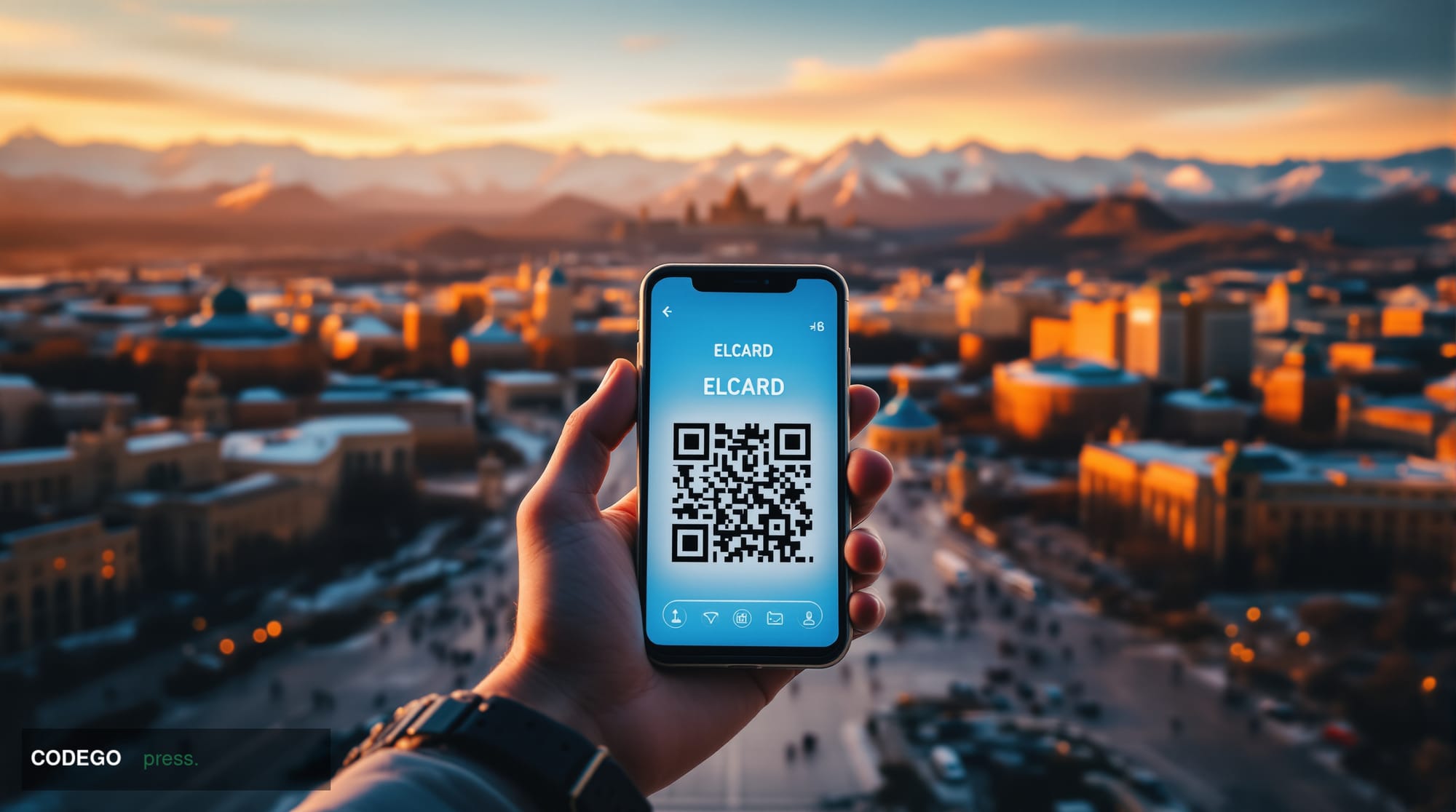 A cinematic editorial photograph showcasing the Bishkek skyline with the distinctive Ala-Too Square and government buildings,