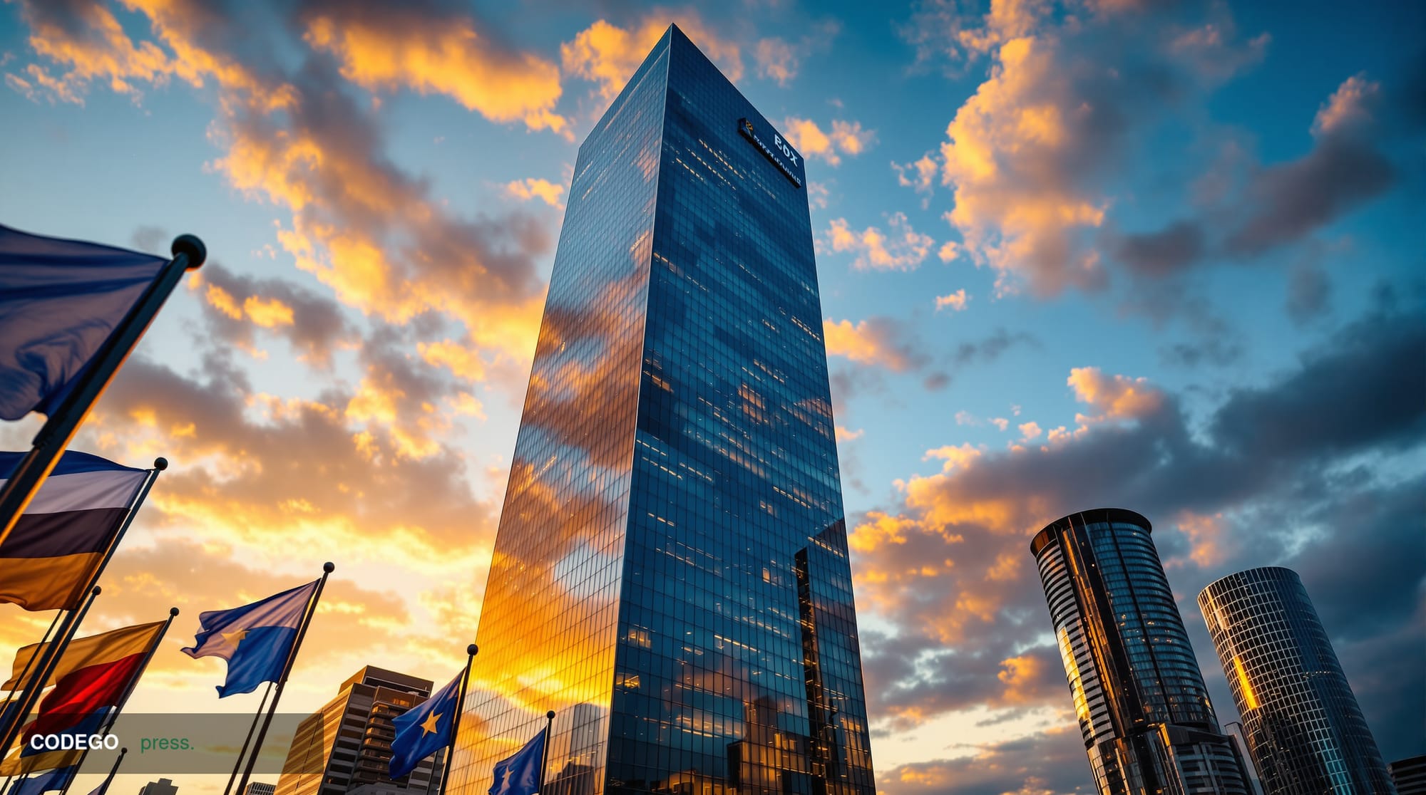 A cinematic editorial photograph of the European Central Bank headquarters in Frankfurt am Main, Germany, captured during gol
