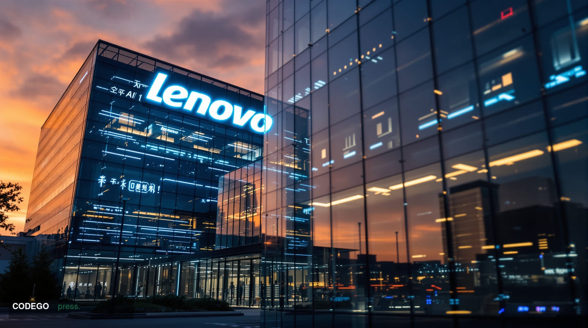 A cinematic editorial photograph showcasing Lenovo's corporate headquarters in Beijing or Morrisville, North Carolina, with t