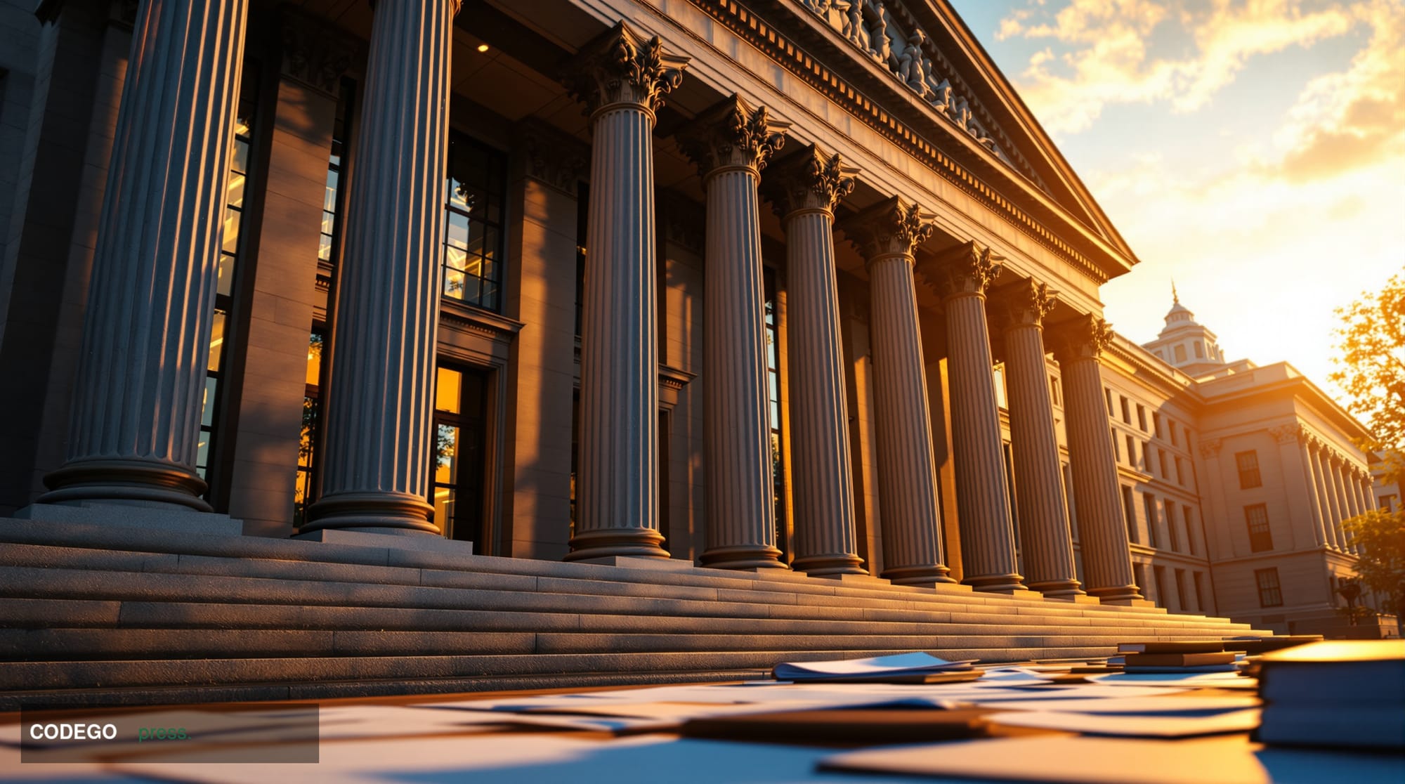 A photorealistic editorial photograph showing a government investigation office or regulatory building exterior with classica