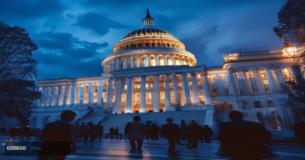 A dramatic photorealistic editorial photograph showing the imposing neoclassical facade of the United States Capitol building