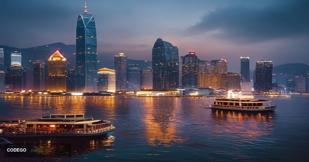 A dramatic wide-angle photograph of Hong Kong's iconic financial district skyline at dusk, showcasing the illuminated skyscra