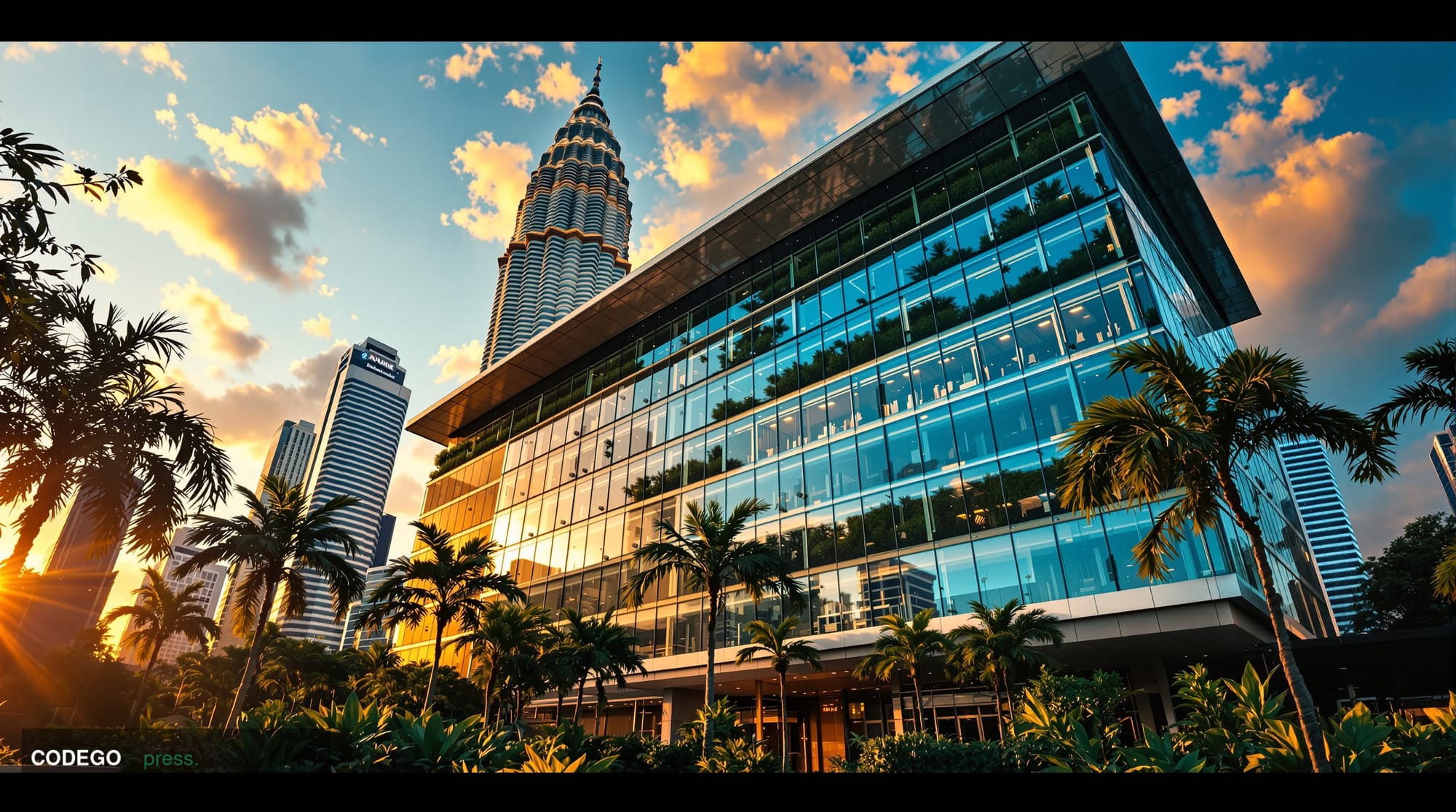 Cinematic editorial photograph of the Bank Negara Malaysia headquarters building in Kuala Lumpur, captured from a low angle p