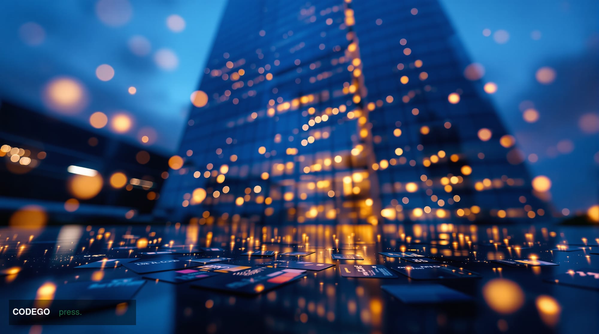A cinematic editorial photograph capturing Mastercard's headquarters in Purchase, New York at dusk, with the iconic interlock