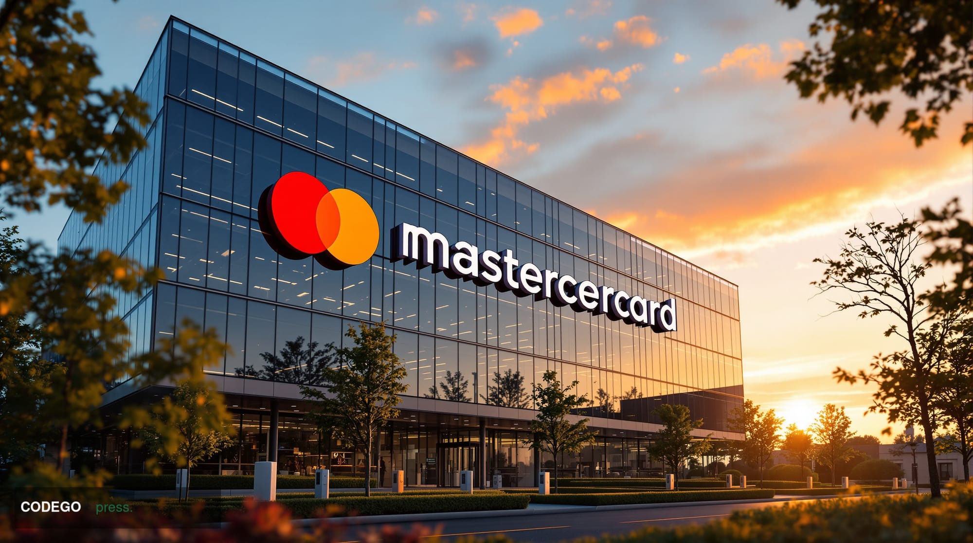 A photorealistic editorial photograph showcasing Mastercard's global headquarters in Purchase, New York, with the iconic inte