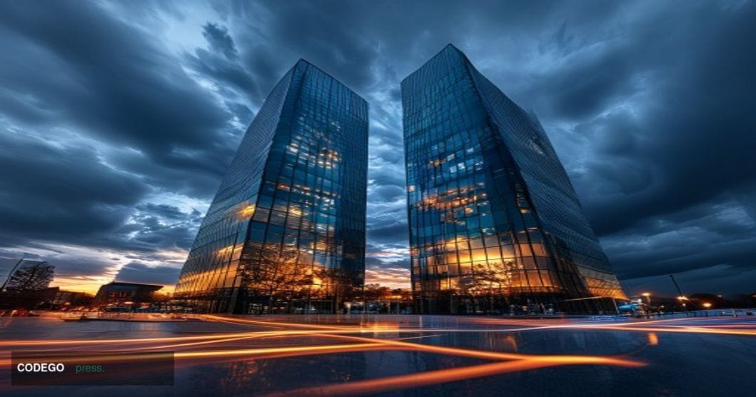 A dramatic wide-angle view of the European Central Bank headquarters in Frankfurt am Main, Germany, with its distinctive twin
