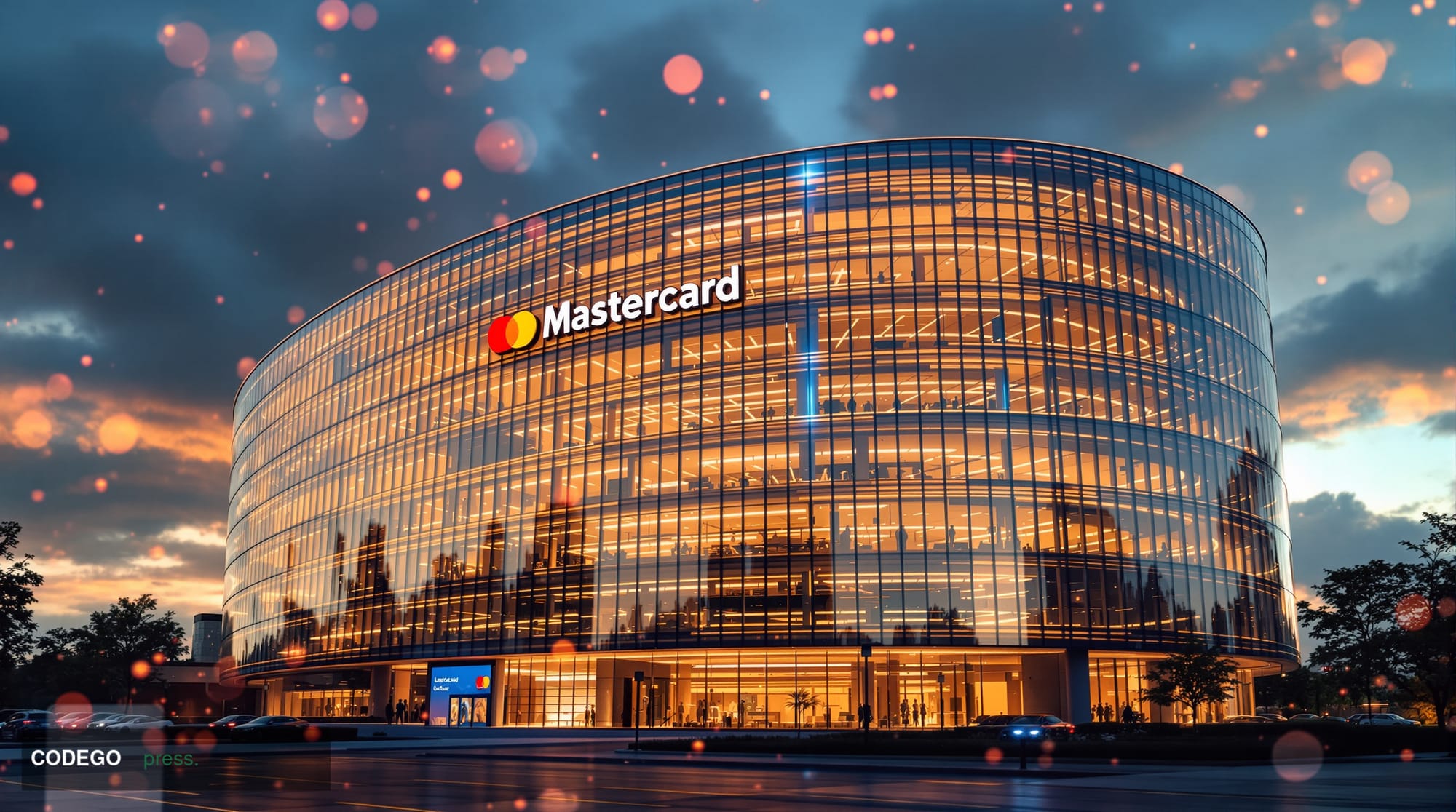 A photorealistic editorial photograph showing Mastercard's global headquarters in Purchase, New York, with the distinctive cu