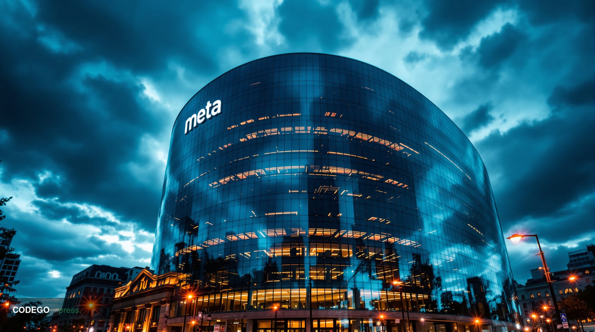 A dramatic editorial photograph showing Meta's imposing glass headquarters in Menlo Park, California, shot from a low angle a
