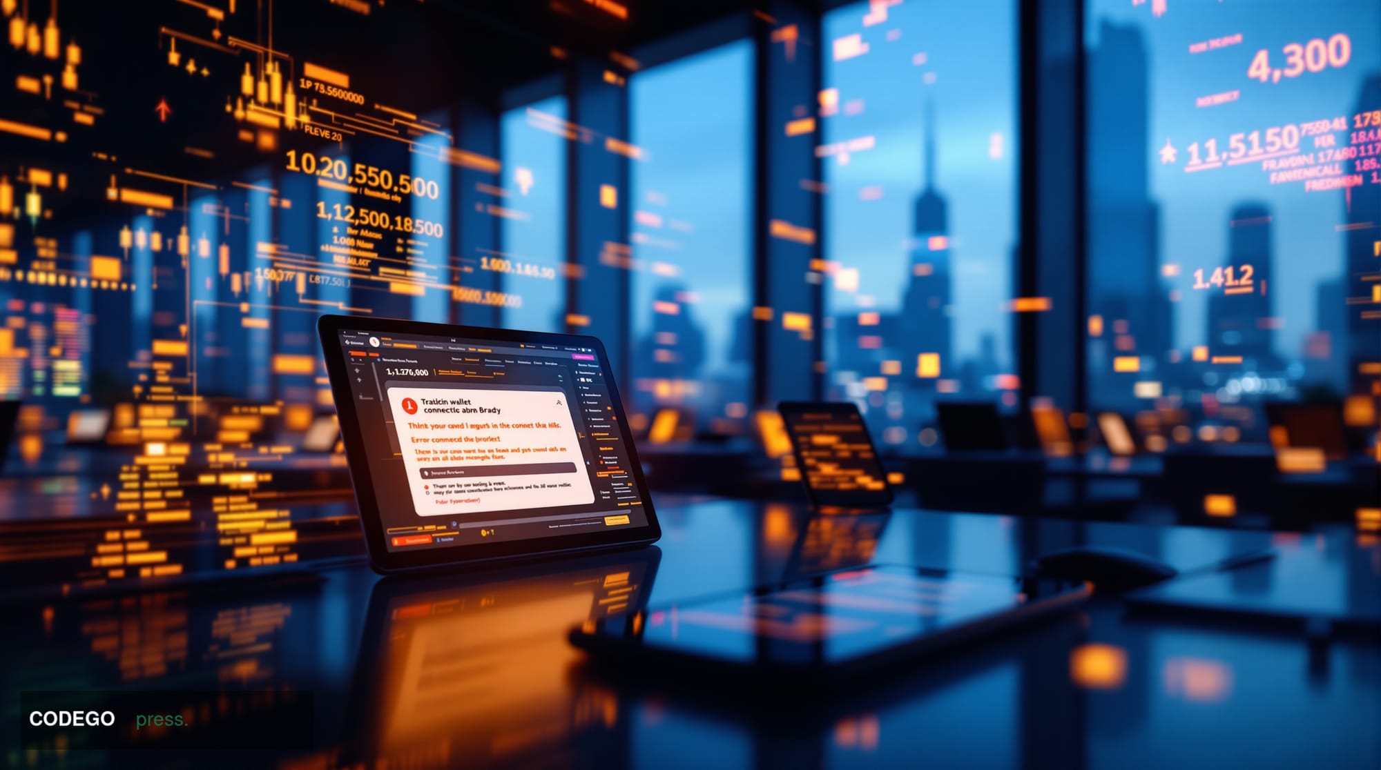 A dramatic photorealistic editorial photograph capturing the MetaMask logo prominently displayed on multiple smartphone and l
