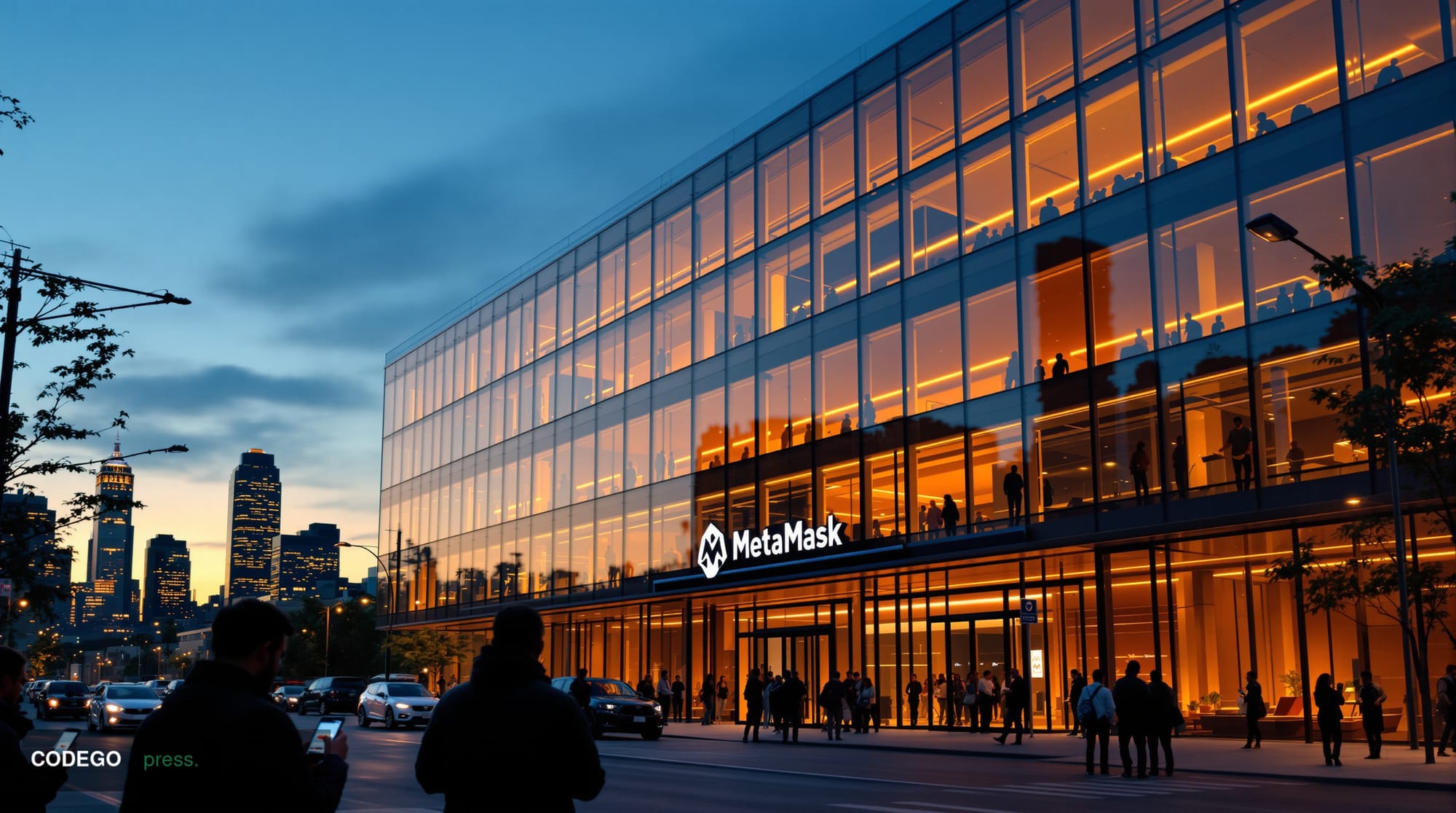 A dramatic editorial photograph showing the MetaMask headquarters building in San Francisco's tech district, shot during gold