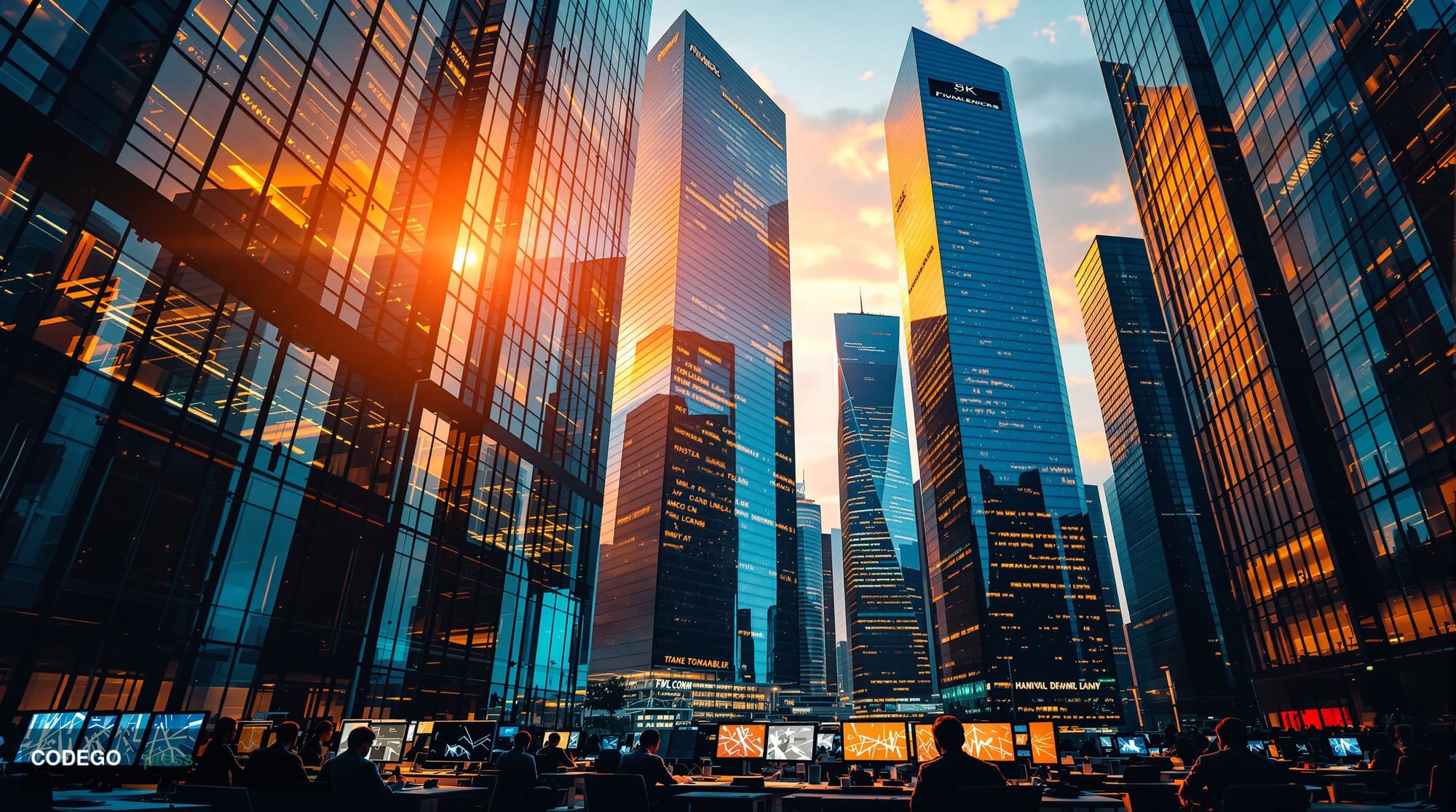 A cinematic editorial photograph showing the modern financial district of Tokyo at golden hour, with towering glass skyscrape