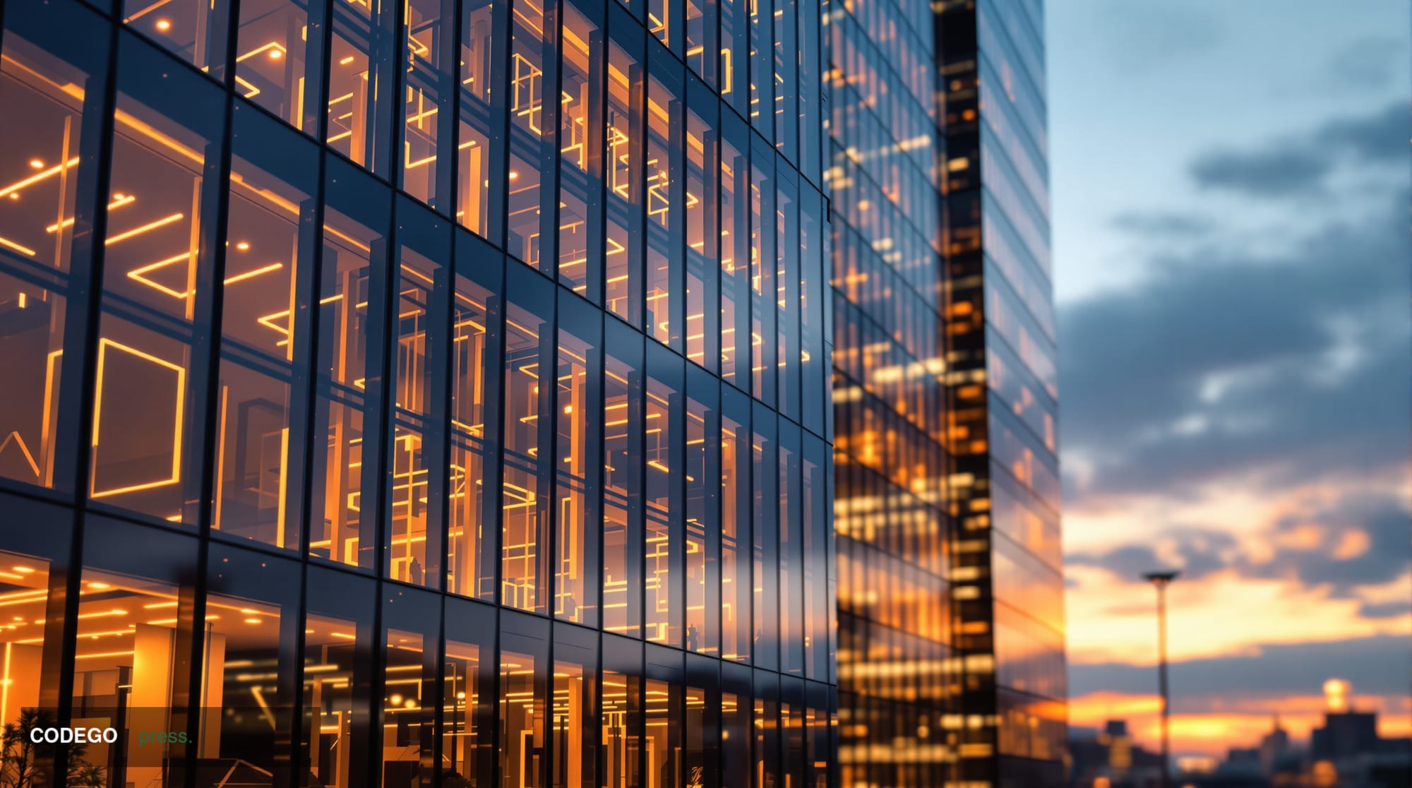 A photorealistic 8K editorial photograph showing the European Central Bank headquarters in Frankfurt, Germany, with its disti