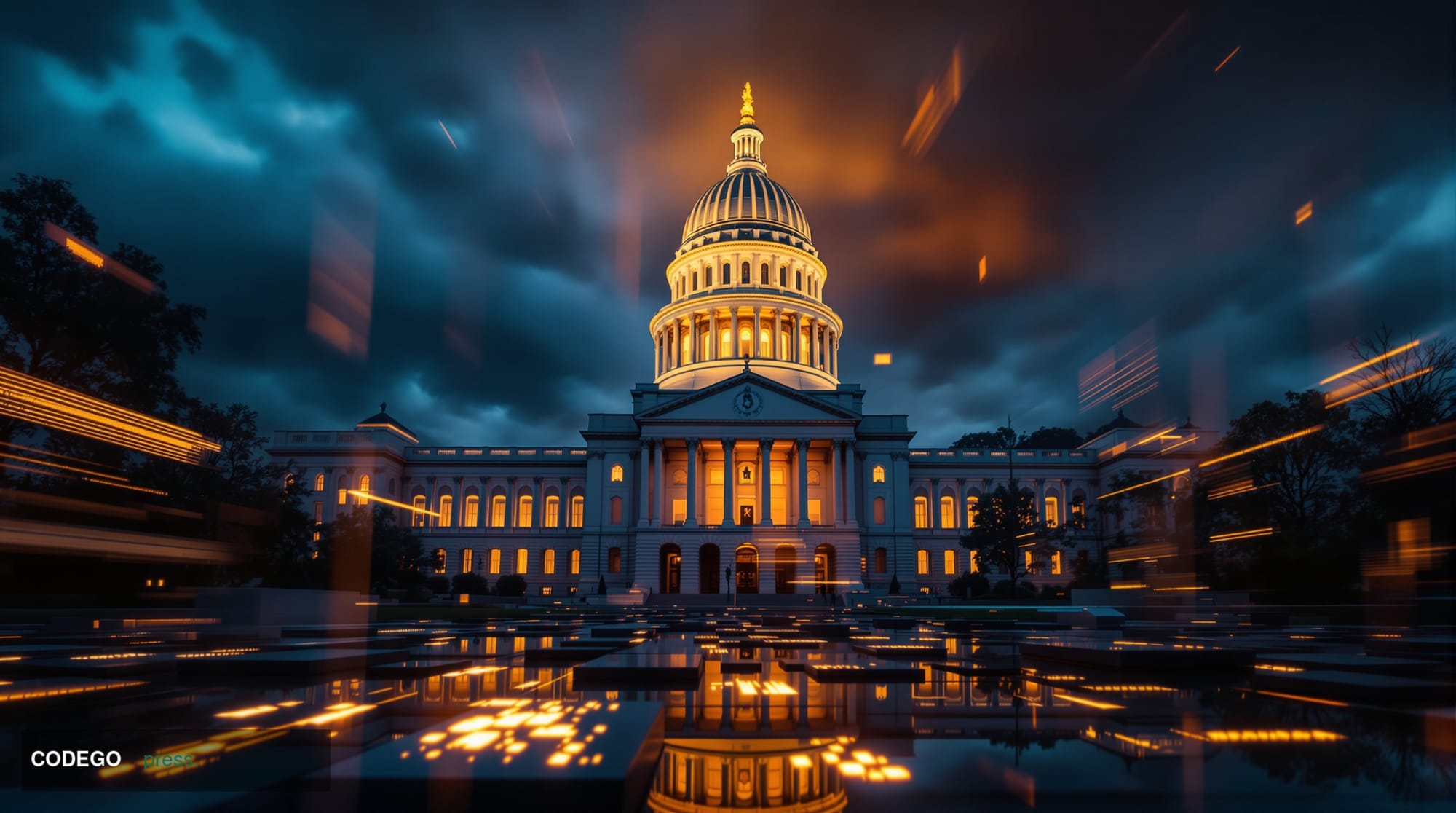A cinematic editorial photograph showing the Minnesota State Capitol building in Saint Paul during twilight, with its distinc