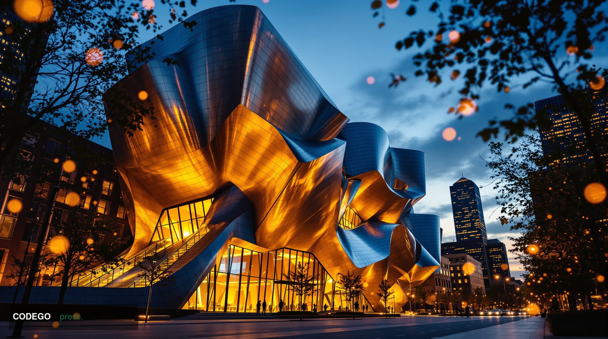 A dramatic cinematic photograph of MIT's iconic Stata Center building in Cambridge, Massachusetts, captured during the golden