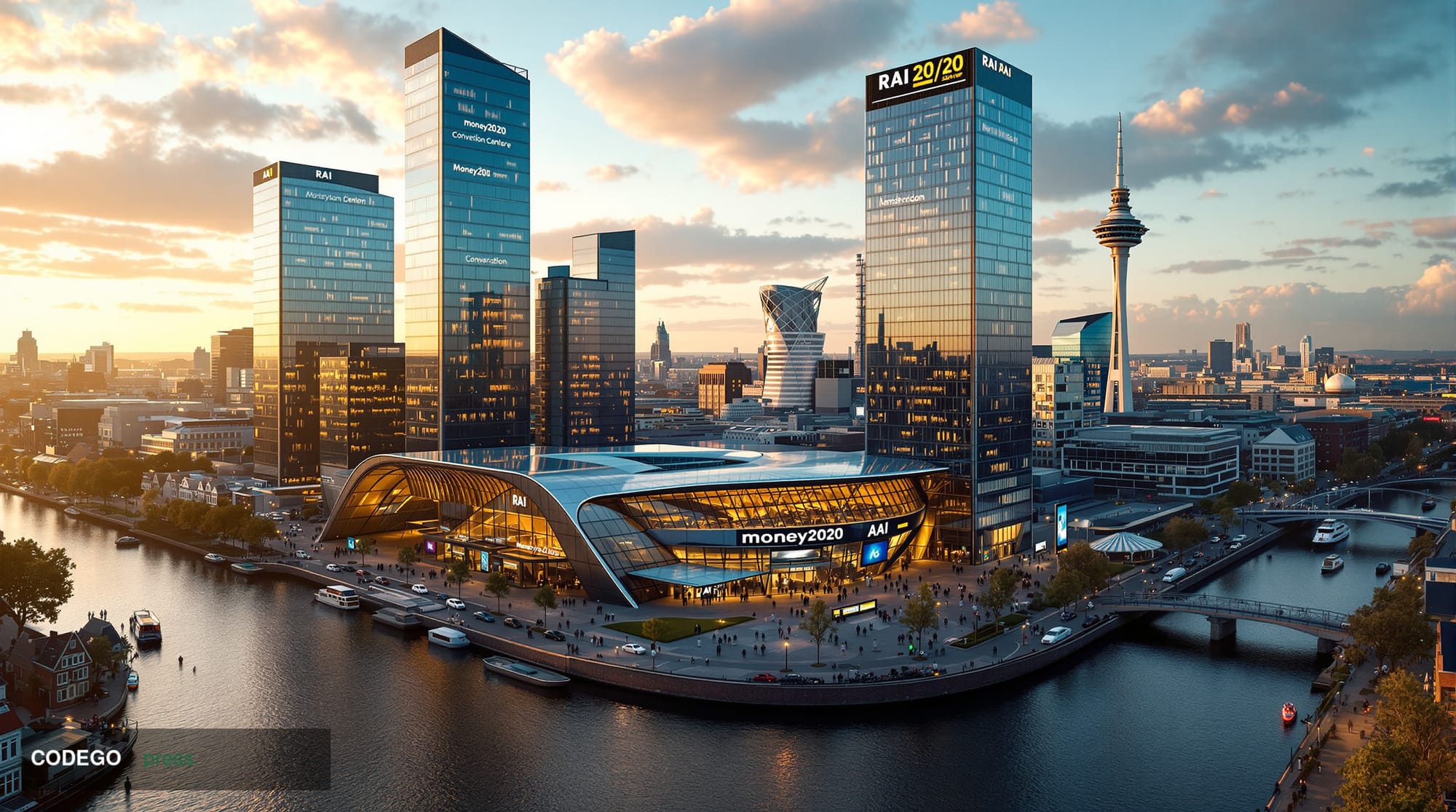 A sweeping aerial view of Amsterdam's iconic financial district during the Money20/20 conference, showcasing the modern glass