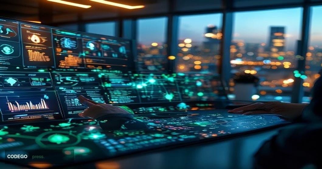 # Image Prompt

A modern financial technology command center photographed from a slightly elevated angle, featuring multiple 
