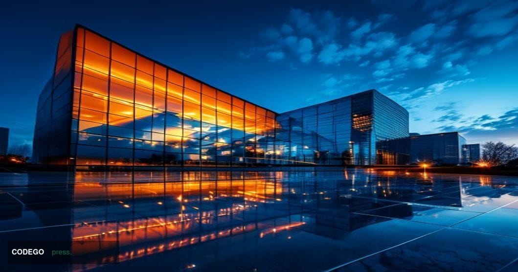 A dramatic cinematic photograph of MoneyGram's corporate headquarters building in Dallas, Texas, shot during golden hour with