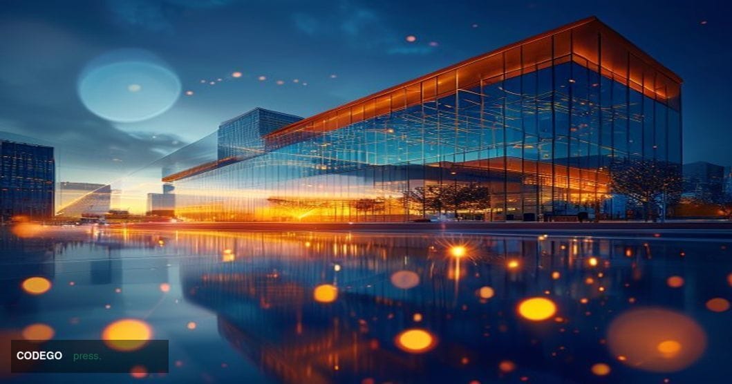 A dramatic photorealistic editorial photograph showcasing MoneyGram's corporate headquarters in Dallas, Texas, with the disti