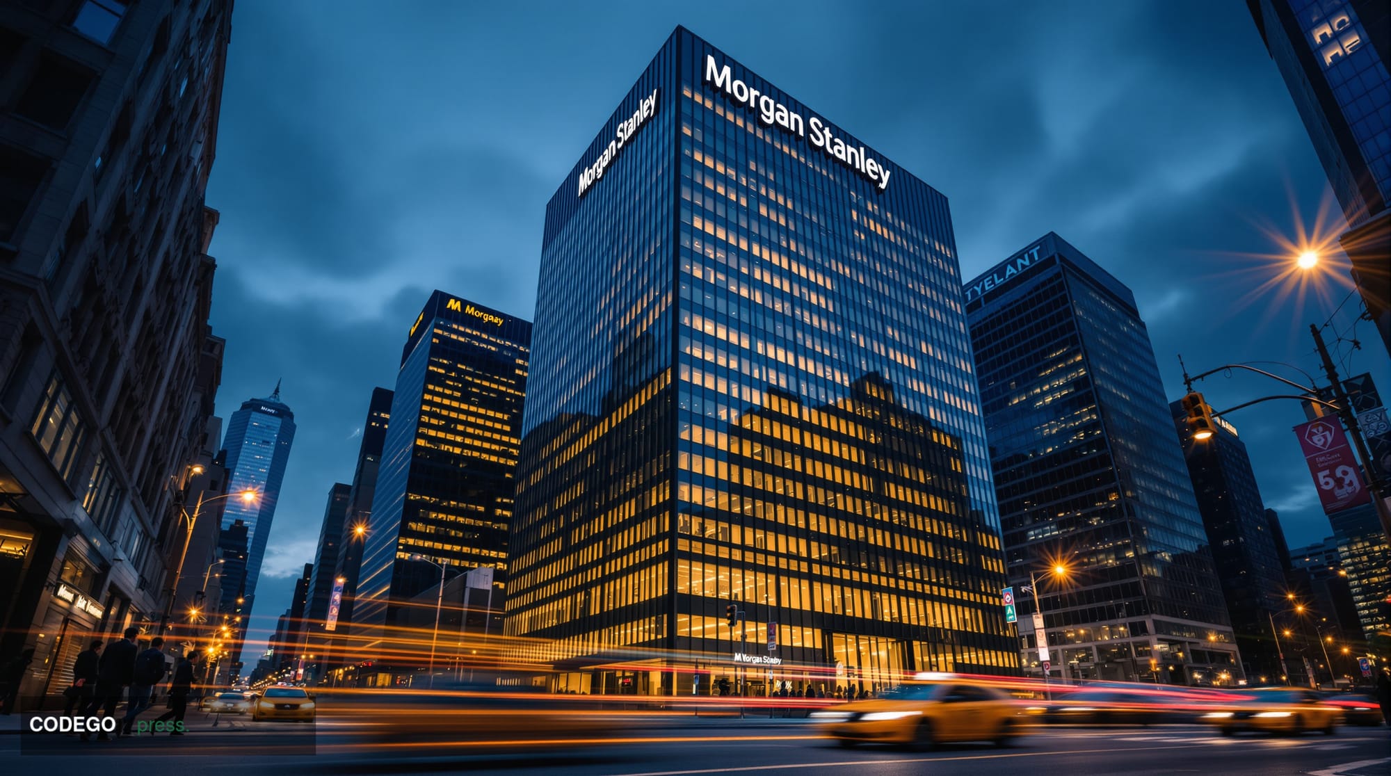 A cinematic editorial photograph of Morgan Stanley's global headquarters at 1585 Broadway in Manhattan's Times Square distric