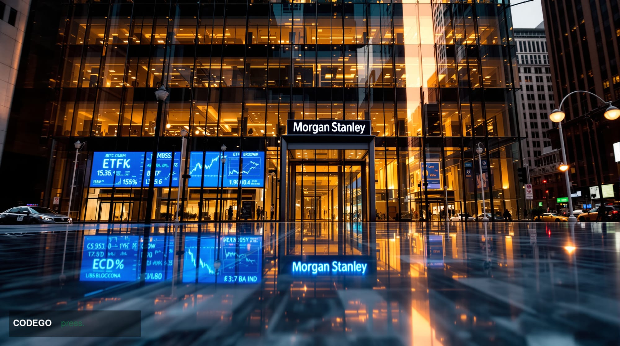 A photorealistic editorial photograph capturing the convergence of traditional Wall Street finance and cryptocurrency innovat