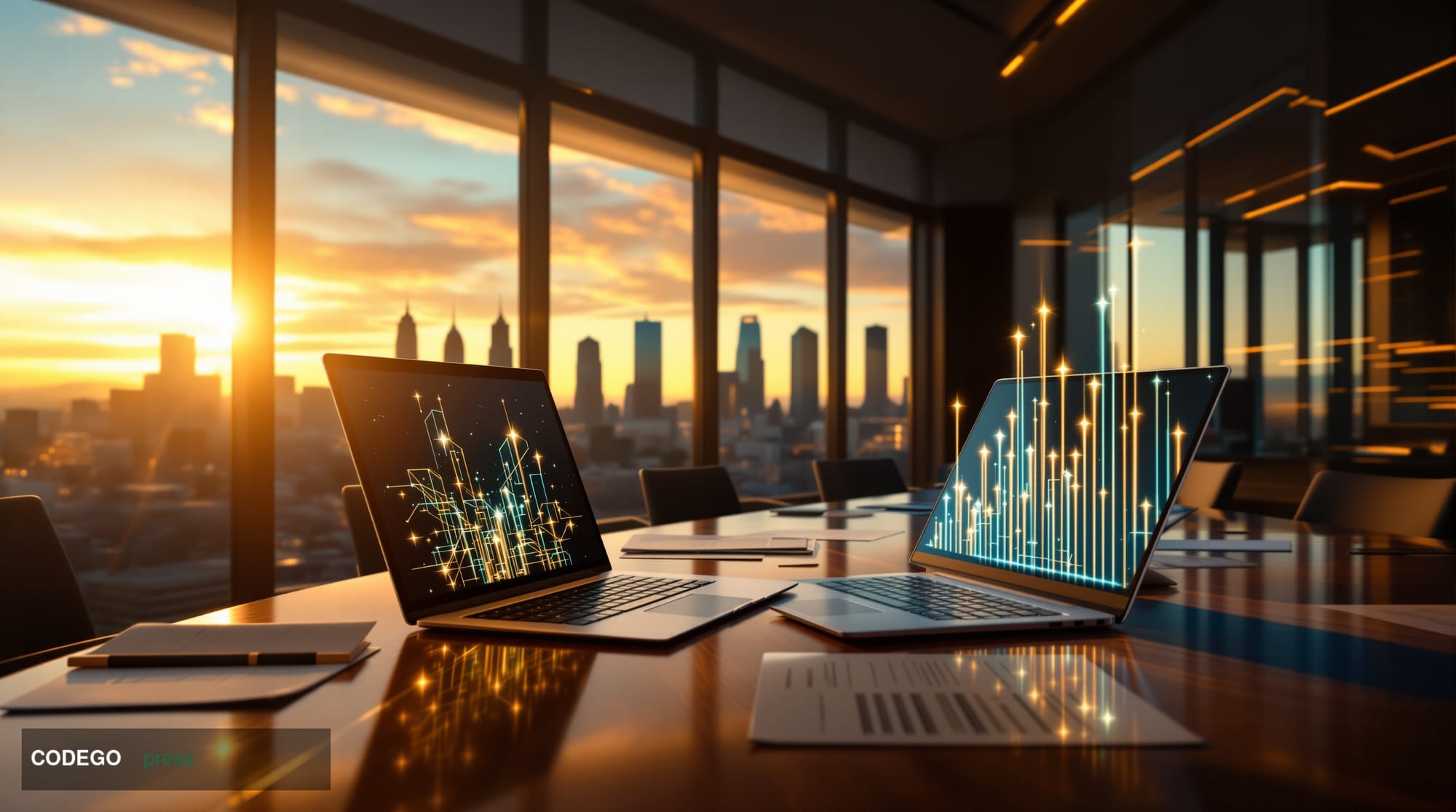 A cinematic editorial photograph showcasing a modern venture capital office boardroom with floor-to-ceiling windows overlooki