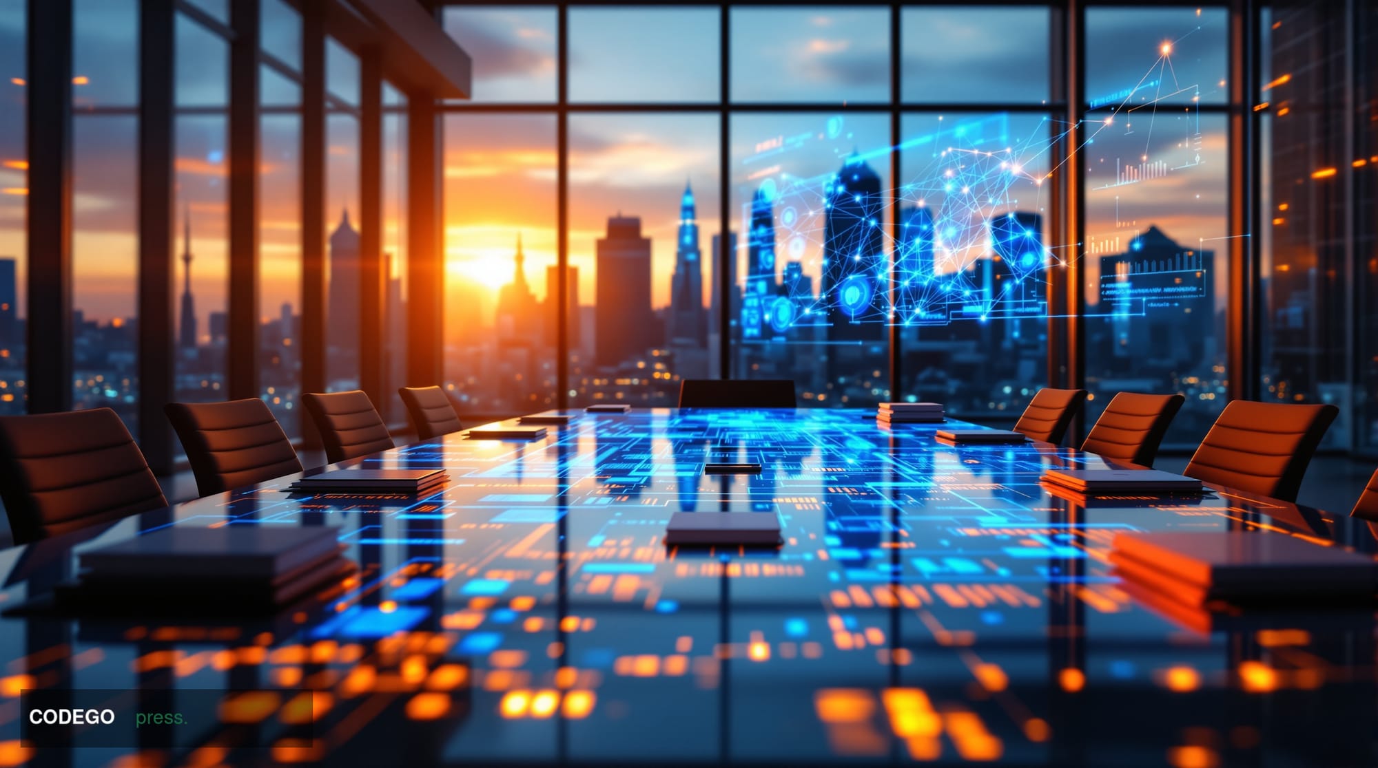 A cinematic establishing shot of a modern venture capital office boardroom during golden hour, with floor-to-ceiling windows 