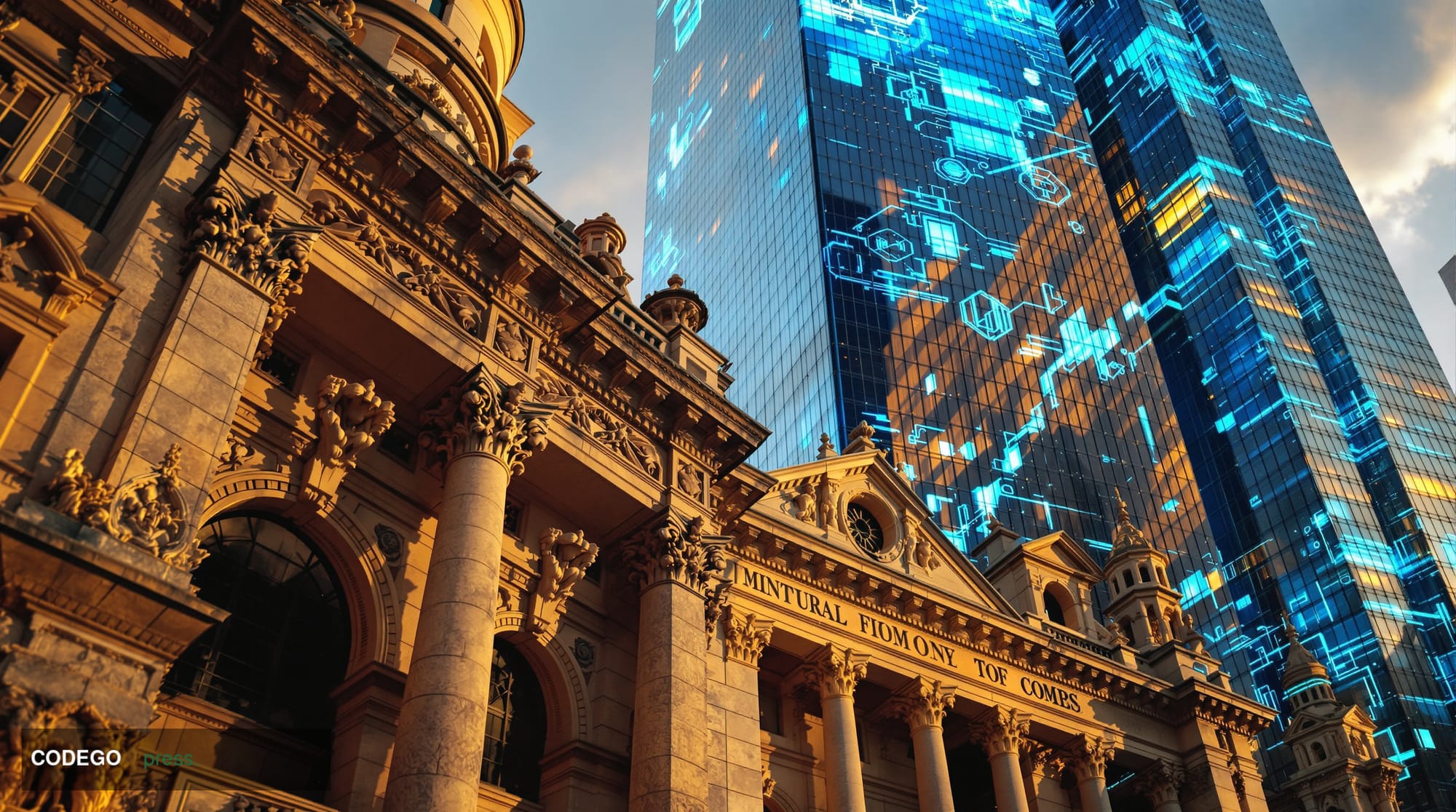 A cinematic editorial photograph showcasing the convergence of traditional Wall Street finance and decentralized finance. The