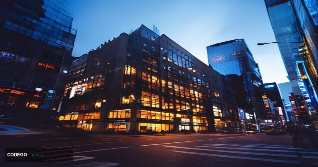A dramatic photorealistic editorial photograph of the former Mt. Gox headquarters building in Tokyo's Shibuya district, shot 