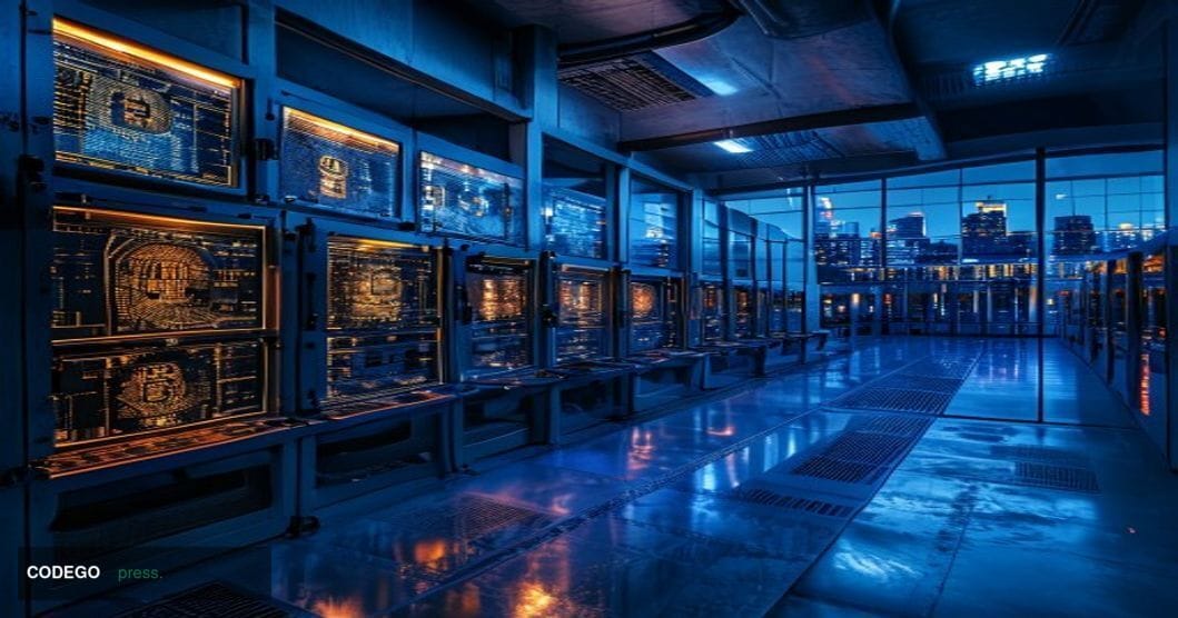 A dramatic photorealistic editorial photograph showing a massive secure cryptocurrency cold storage facility in Japan, with r
