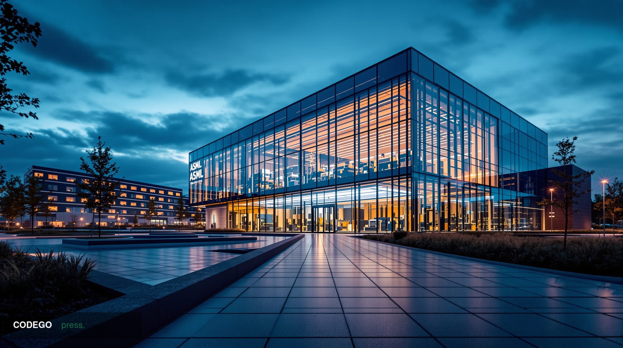 A cinematic editorial photograph showing ASML's distinctive headquarters complex in Veldhoven, Netherlands, with the company'
