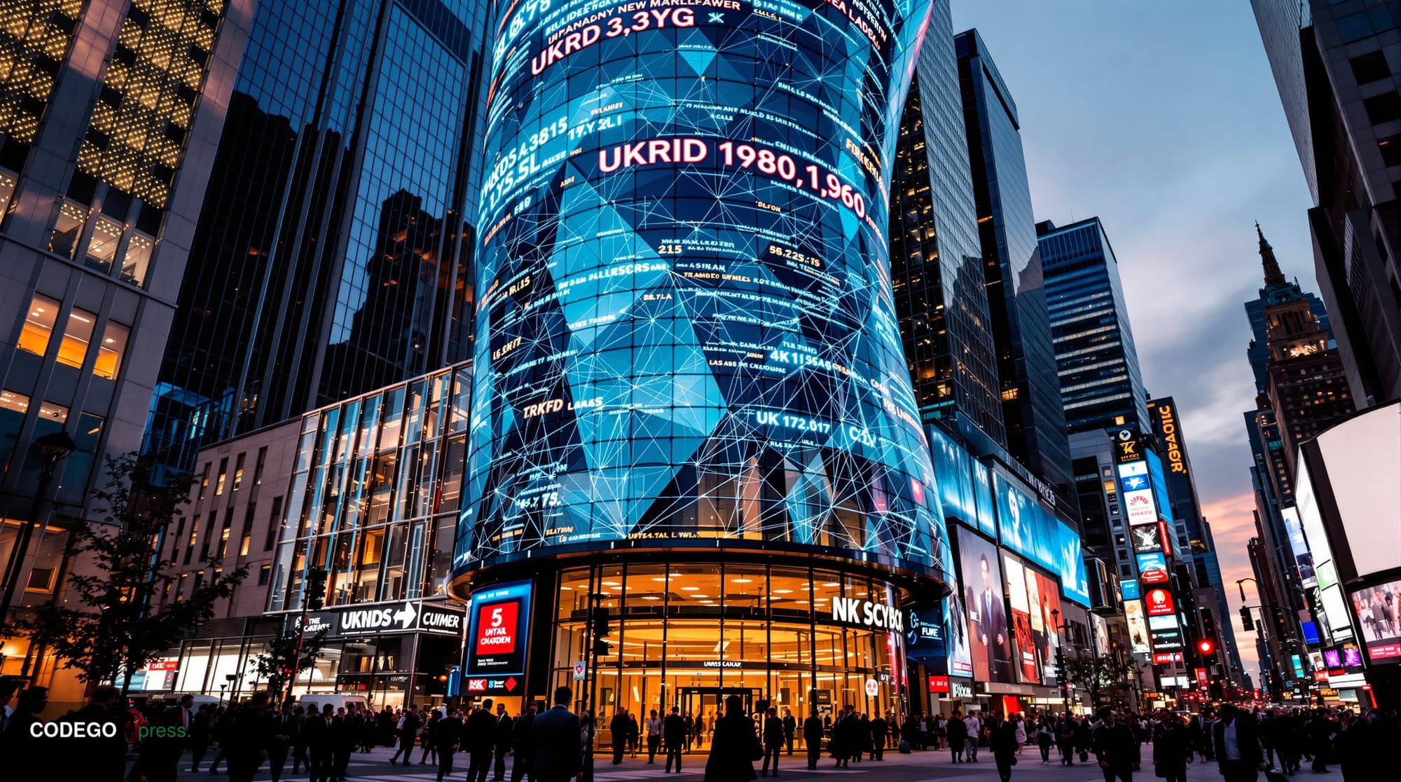 A cinematic editorial photograph of the iconic Nasdaq MarketSite building in Times Square, New York, captured during the gold