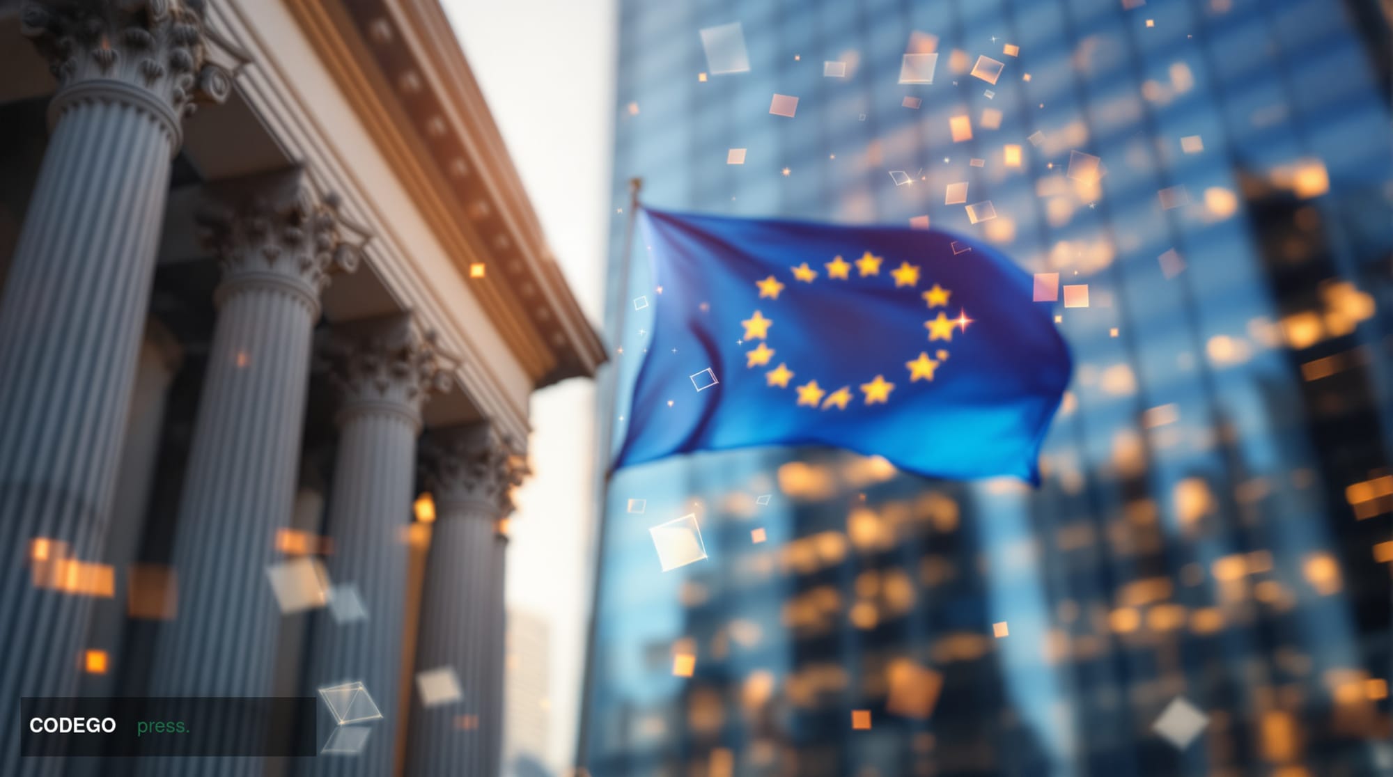 A cinematic editorial photograph showcasing the transatlantic regulatory partnership between New York and the European Union.