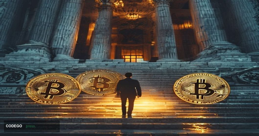 A photorealistic editorial photograph capturing the intersection of traditional legal authority and cryptocurrency innovation