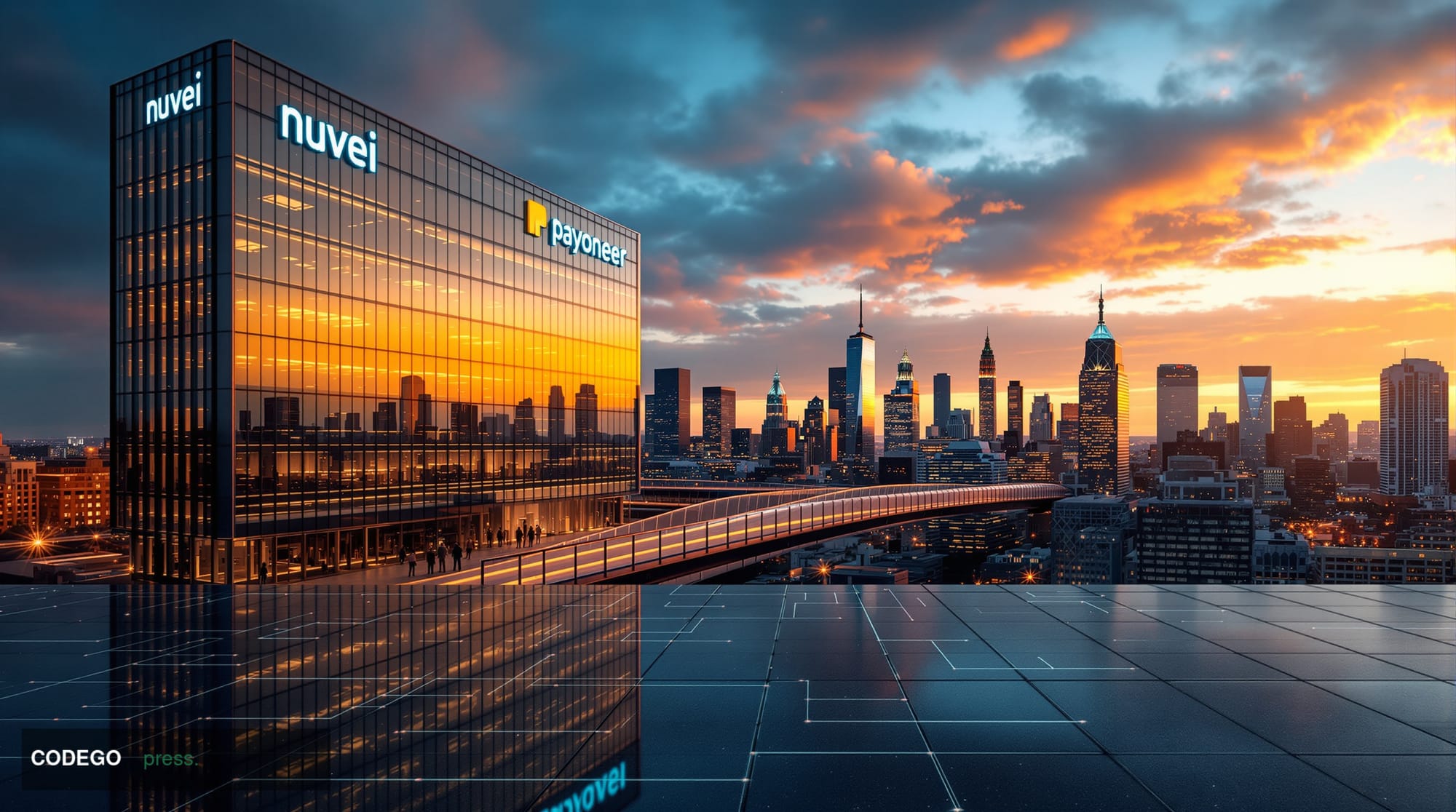 A cinematic editorial photograph showcasing the merger of two major fintech headquarters representing this transformative cro