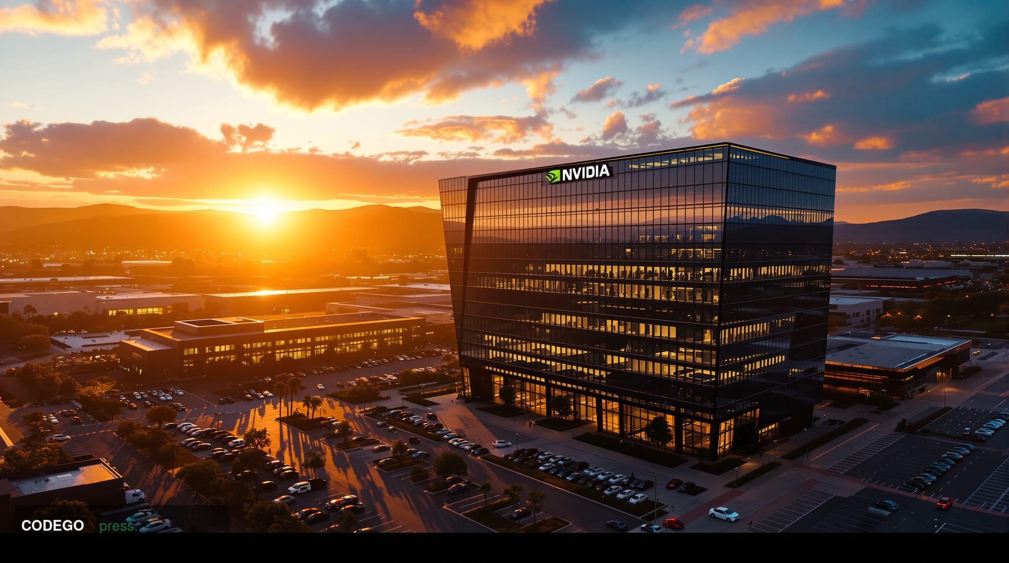 A cinematic aerial view of NVIDIA's distinctive Santa Clara headquarters campus at golden hour, showcasing the modern glass a