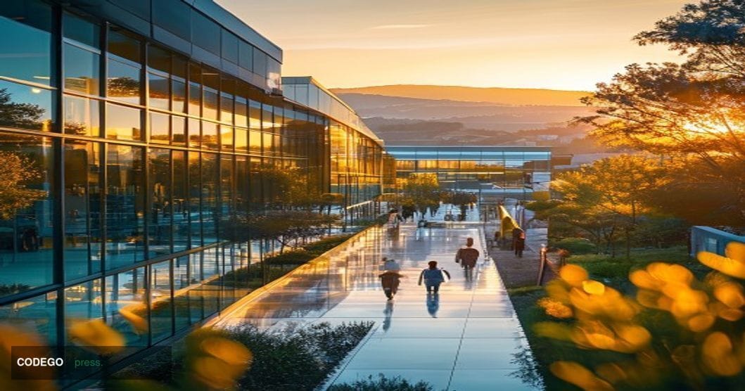 A striking editorial photograph of Nvidia's sprawling Santa Clara headquarters complex at golden hour, with the iconic Nvidia