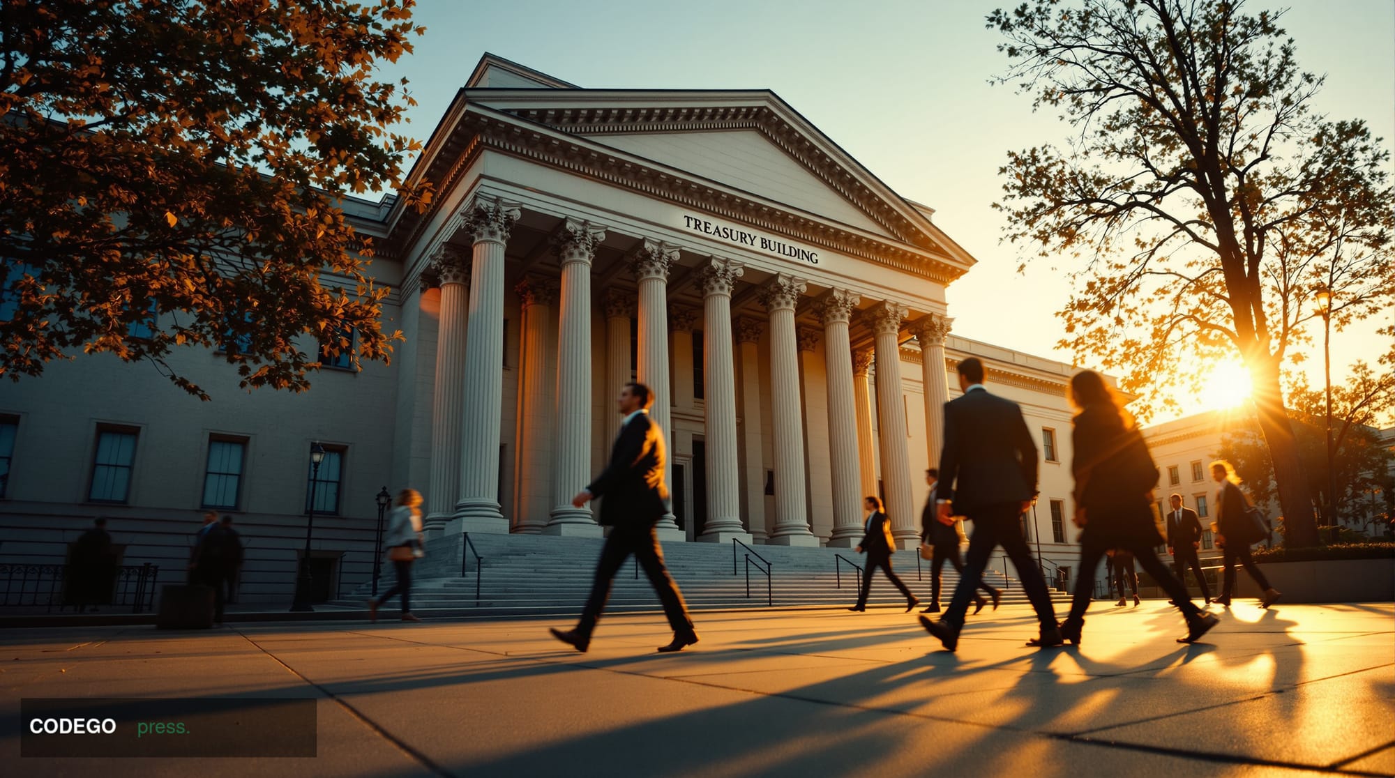 A dramatic editorial photograph of the Treasury Building in Washington DC, home to the Office of the Comptroller of the Curre