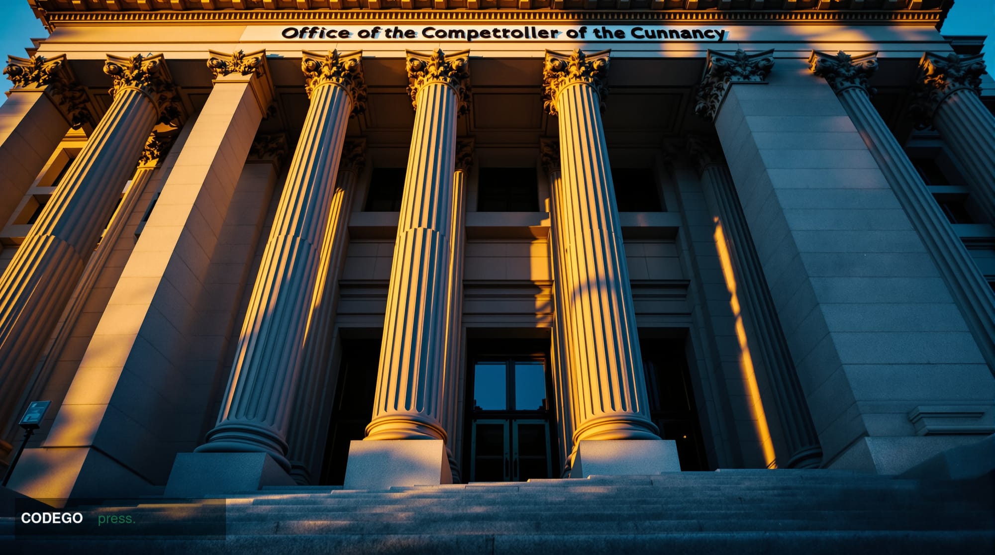 A dramatic editorial photograph of the Office of the Comptroller of the Currency headquarters in Washington D.C., shot from a
