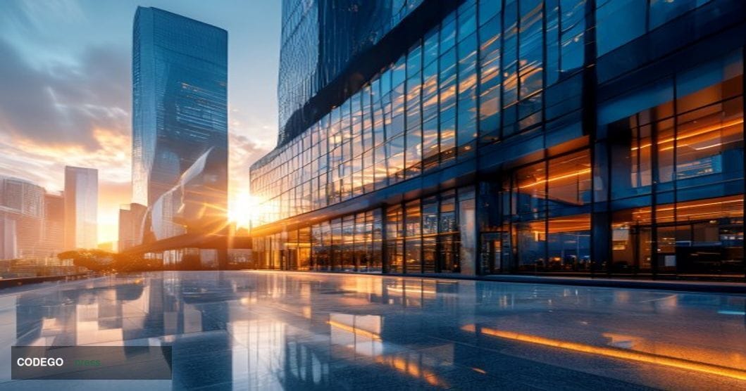 A photorealistic editorial photograph of OKX's modern corporate headquarters building in Hong Kong or Singapore, captured dur