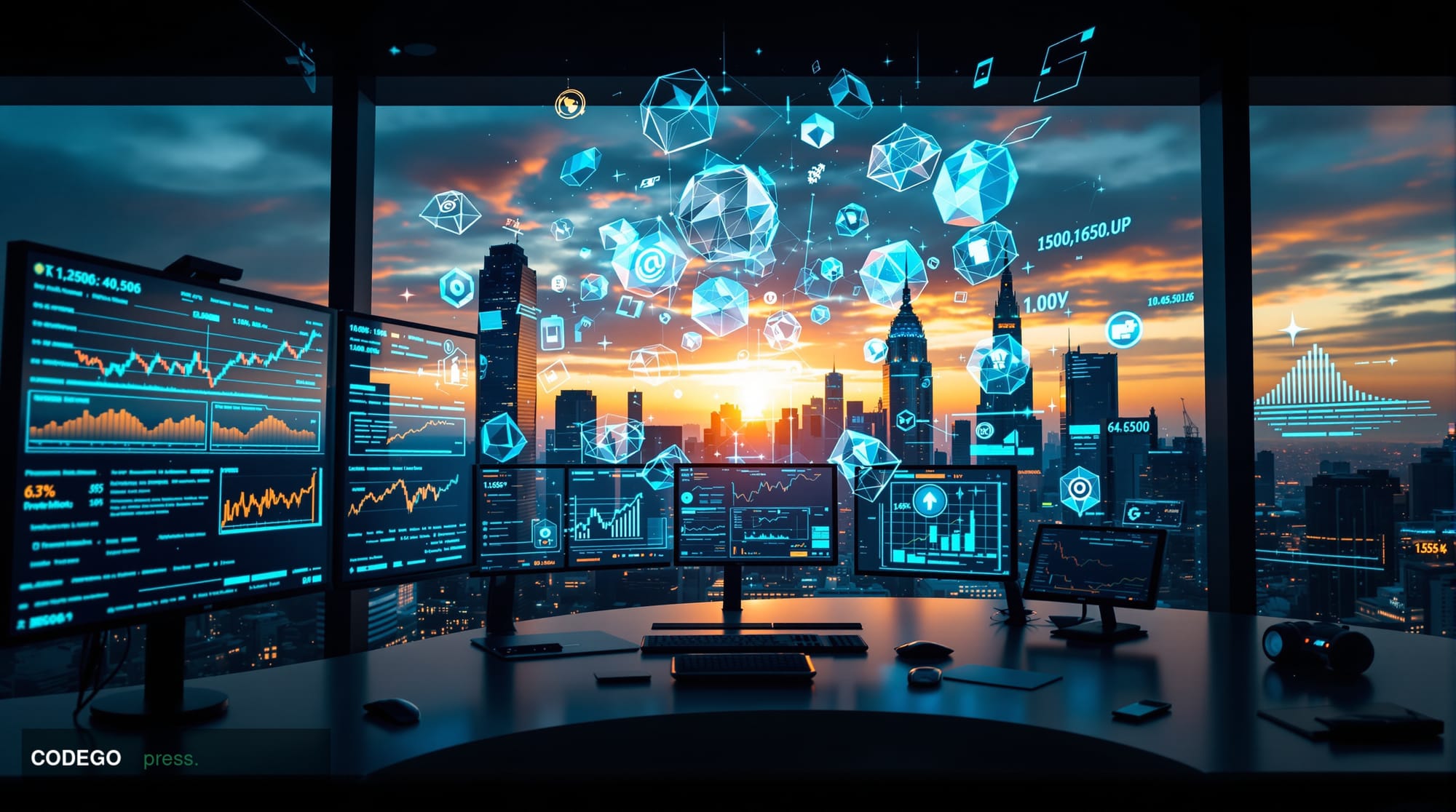 A cinematic editorial photograph showcasing the intersection of digital gambling and cryptocurrency markets. The foreground f