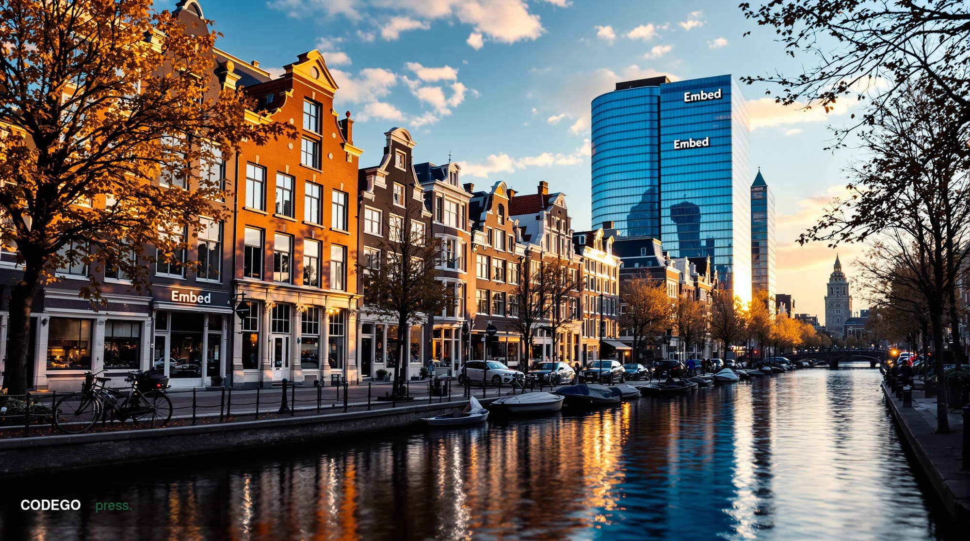 A photorealistic editorial photograph showing Amsterdam's iconic canal district with modern fintech office buildings in the b