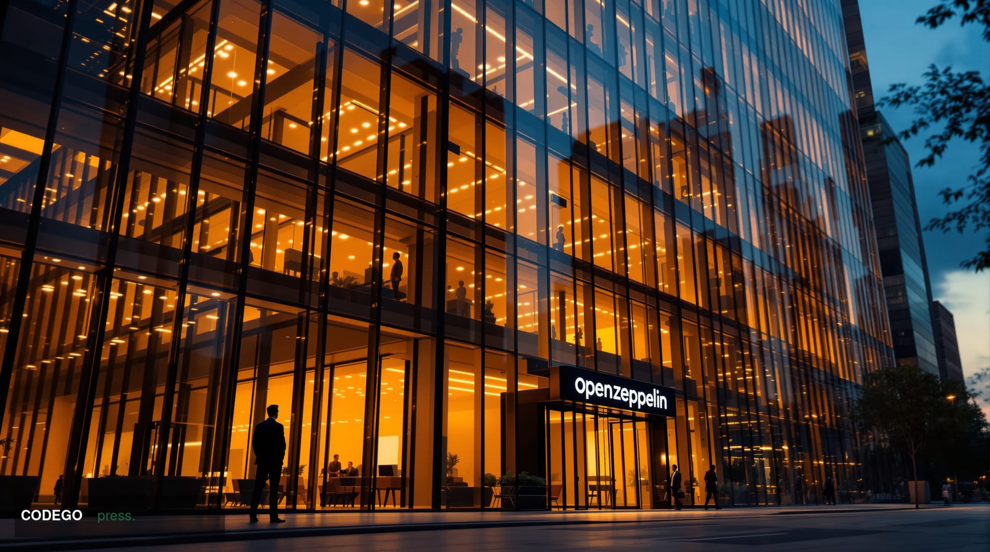 A dramatic cinematic photograph of the OpenZeppelin company headquarters or office building exterior, shot during golden hour
