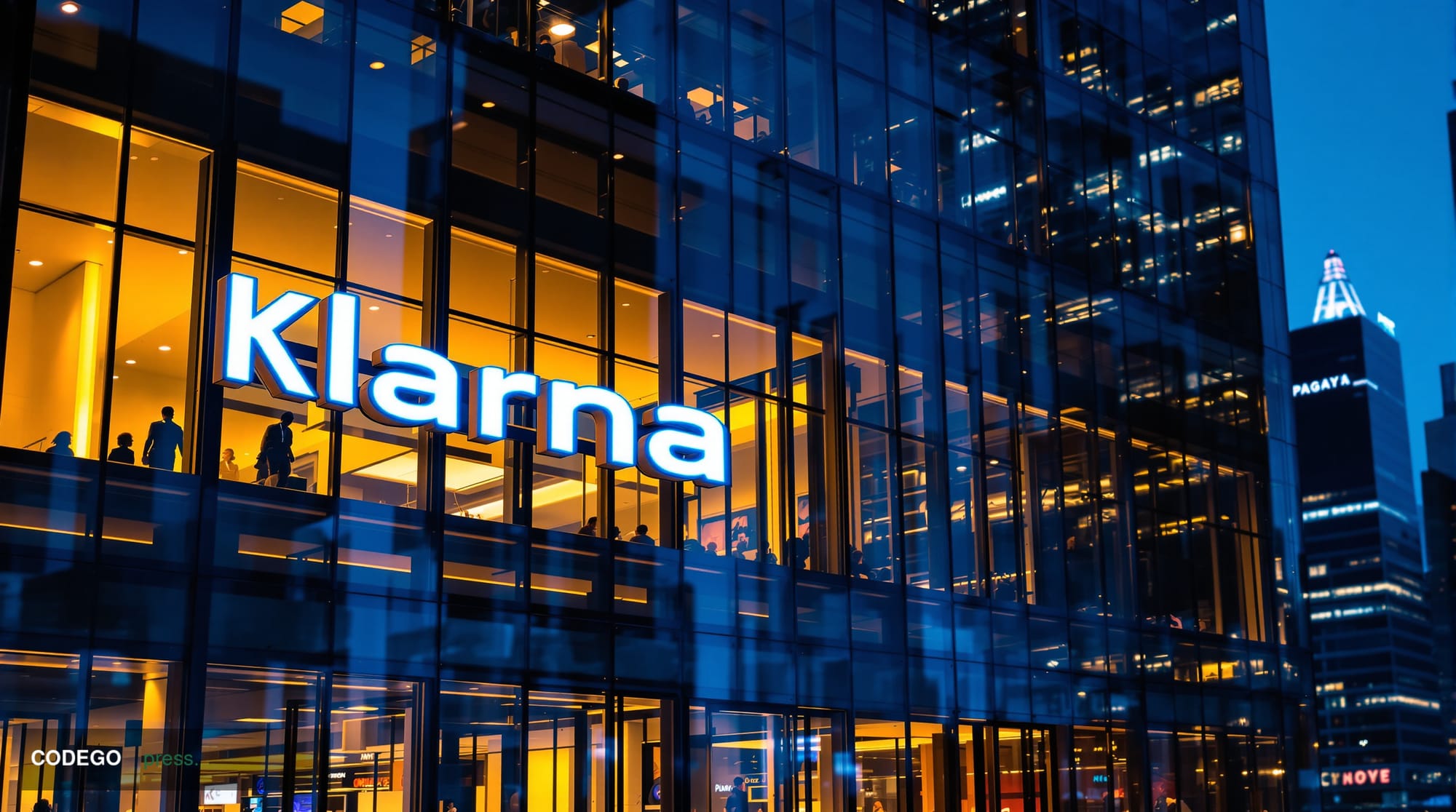 A cinematic editorial photograph showing a modern Swedish fintech headquarters building with sleek glass facades and Scandina