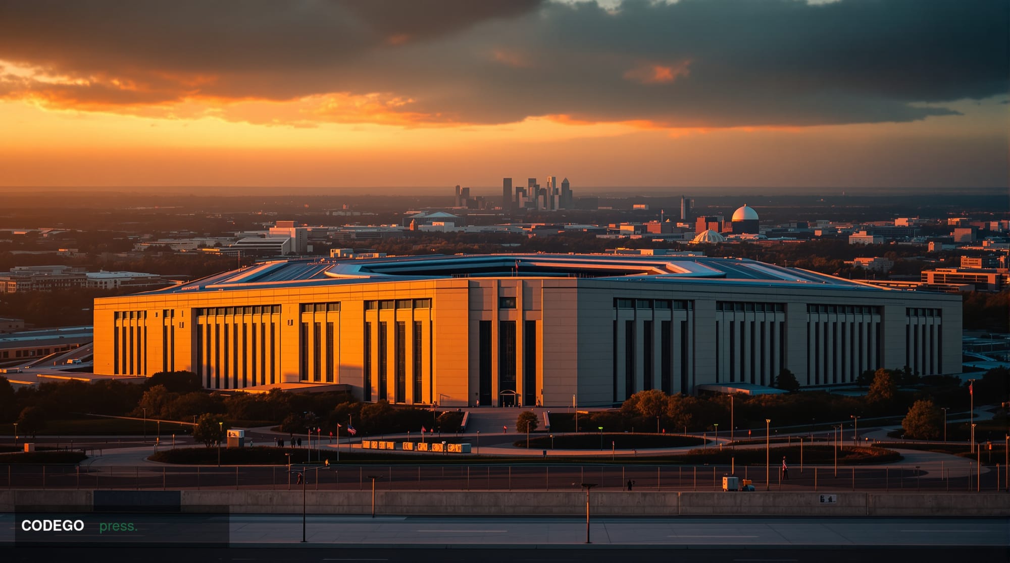 A dramatic photorealistic editorial photograph of the Pentagon building at golden hour, shot from an elevated angle showing t
