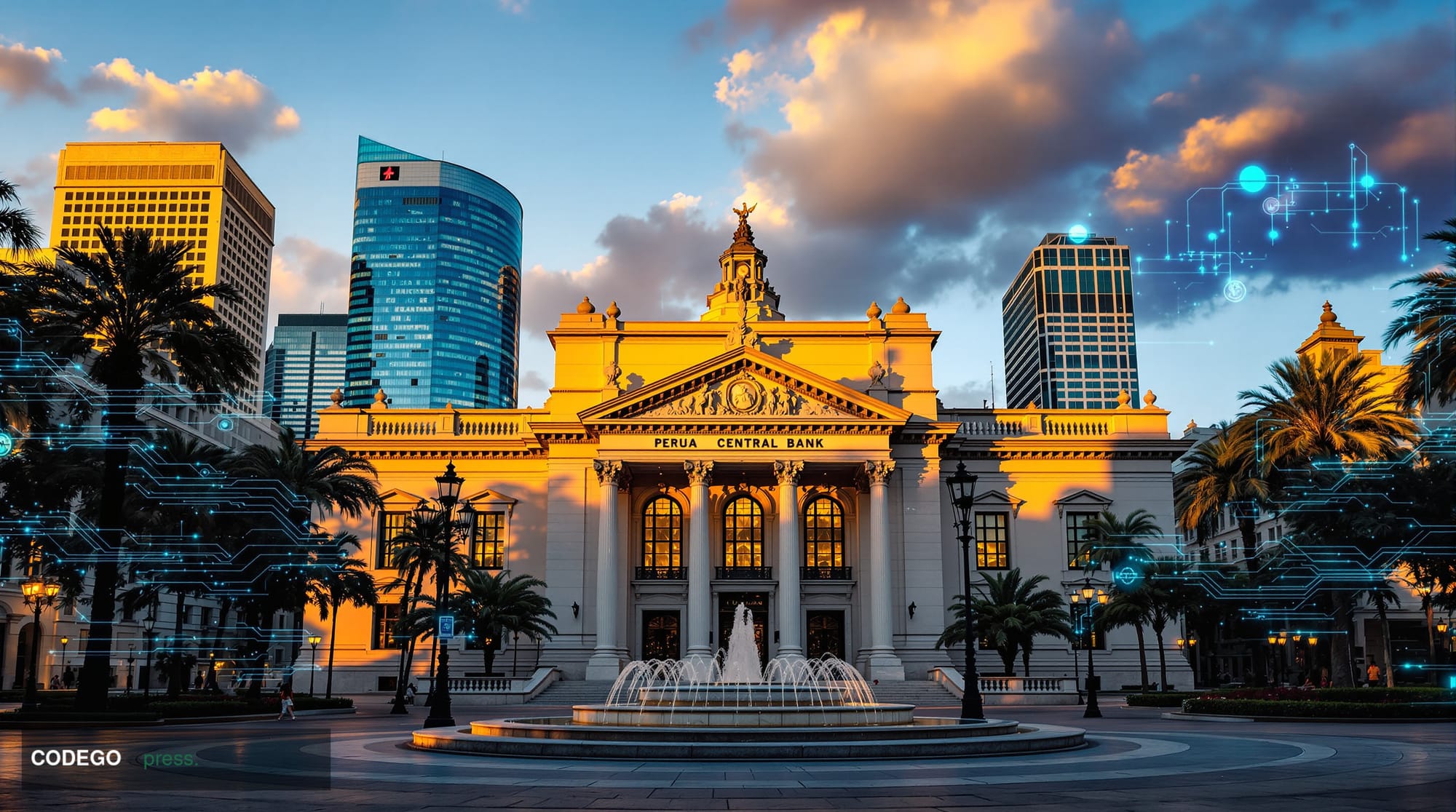 A cinematic editorial photograph of the imposing neoclassical facade of Peru's central bank headquarters in Lima's historic f