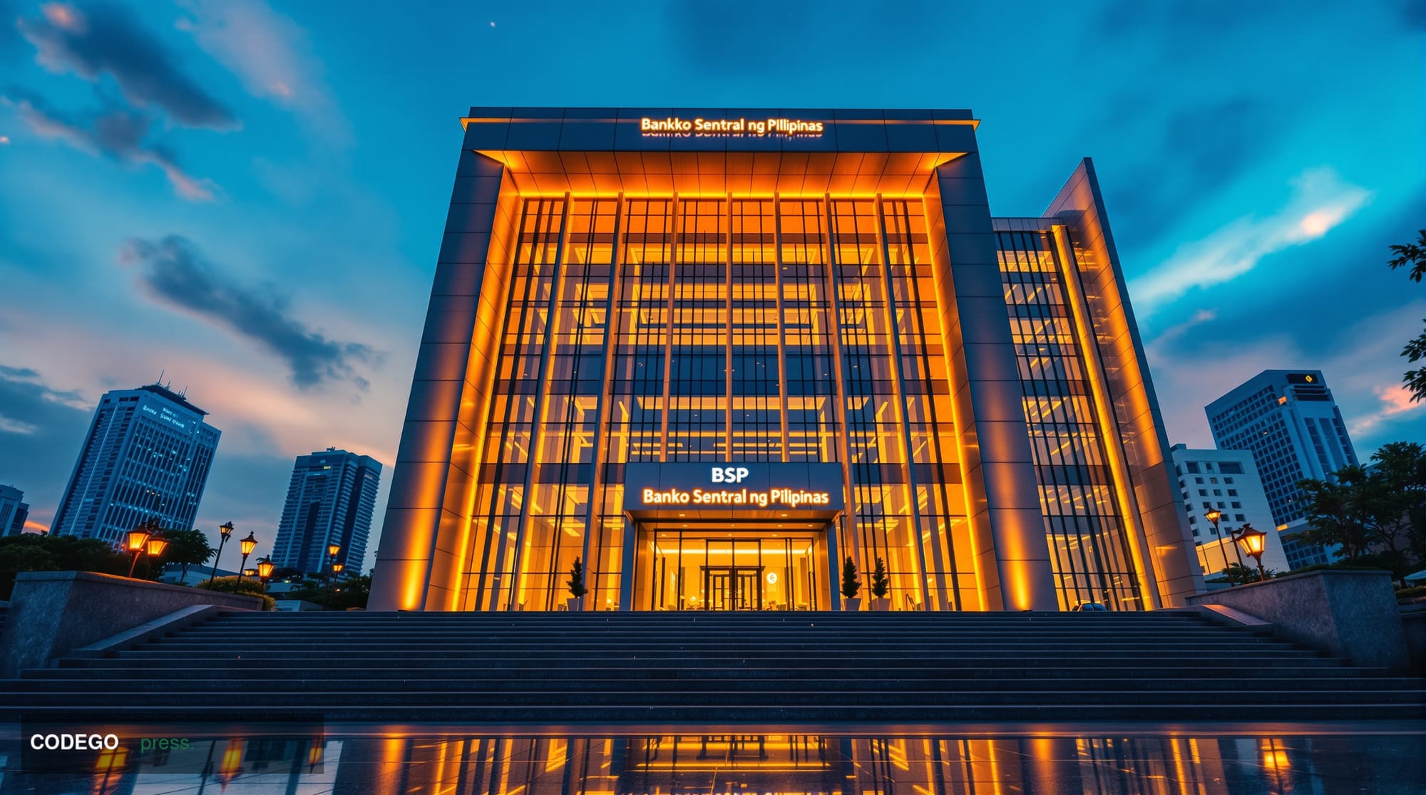 A dramatic cinematic photograph of the Bangko Sentral ng Pilipinas headquarters building in Manila, Philippines, shot during 