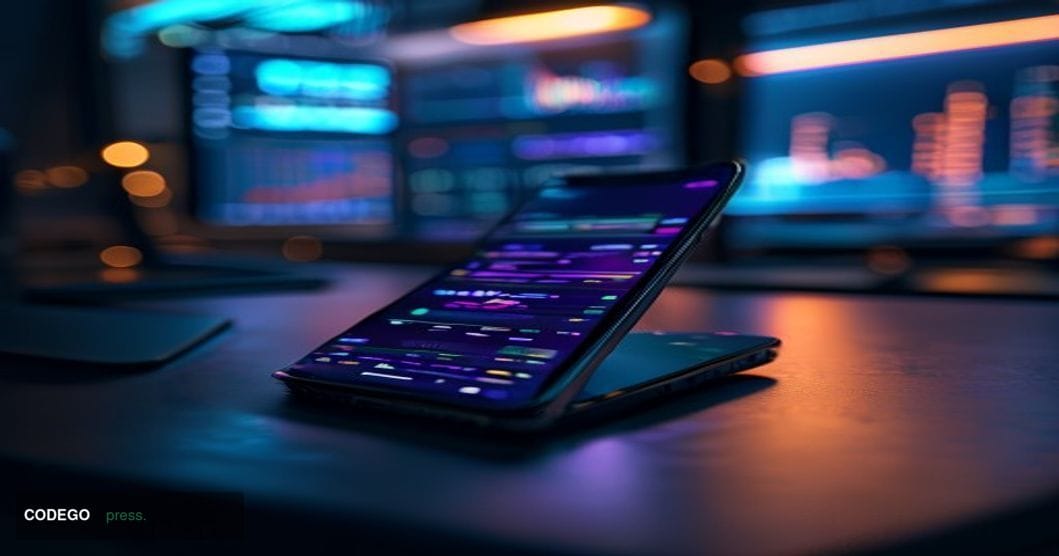 A cinematic editorial photograph showcasing modern mobile trading technology in the context of blockchain finance. The scene 