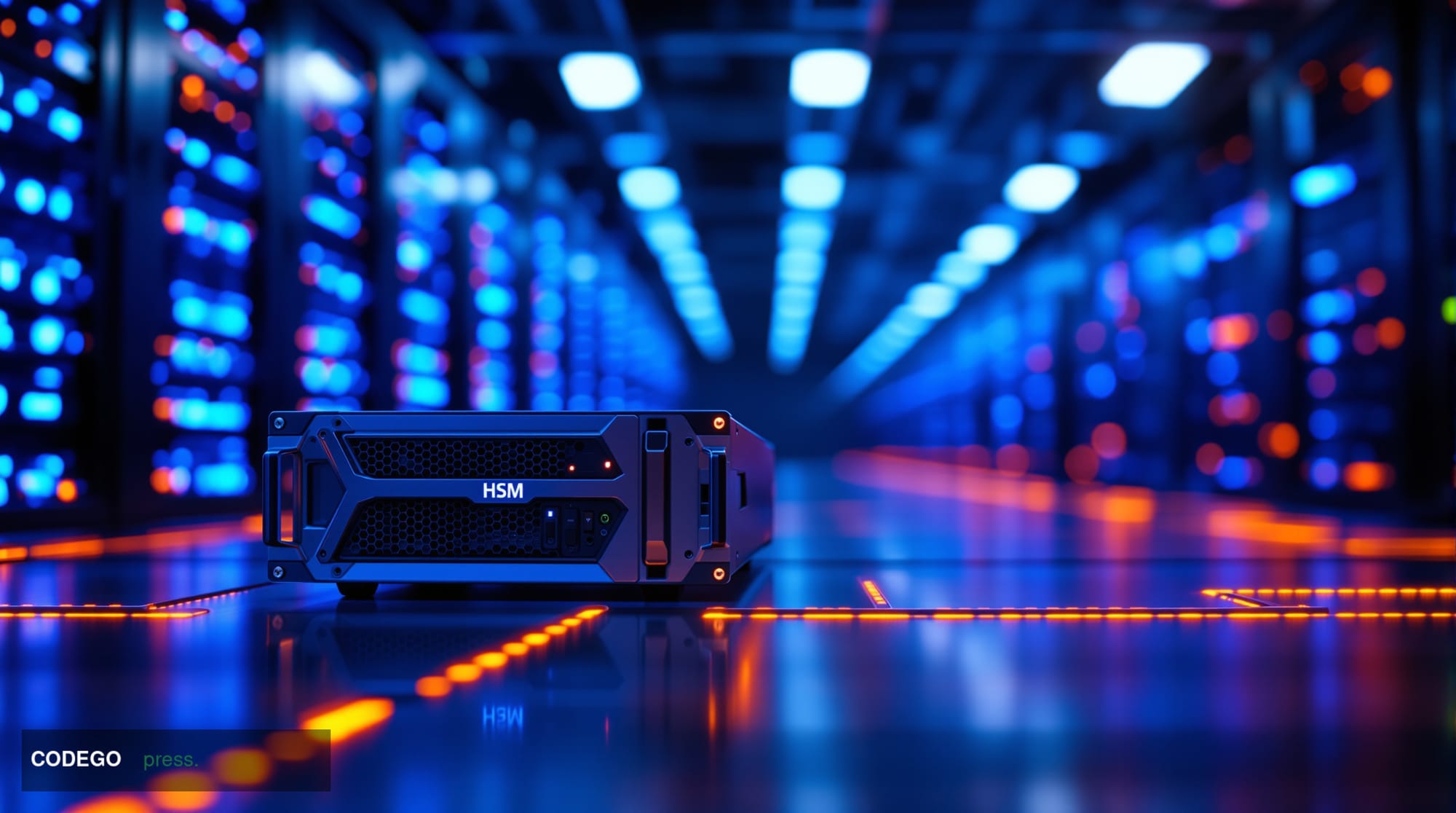 A cinematic editorial photograph of a high-security data center environment with rows of hardware security modules (HSMs) ill