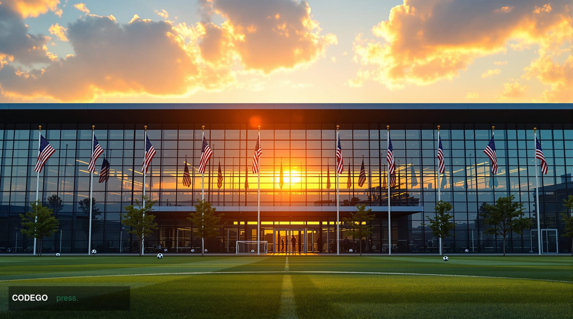 A dramatic cinematic shot of the US Men's National Soccer Team training facility in Chicago or a major American soccer stadiu