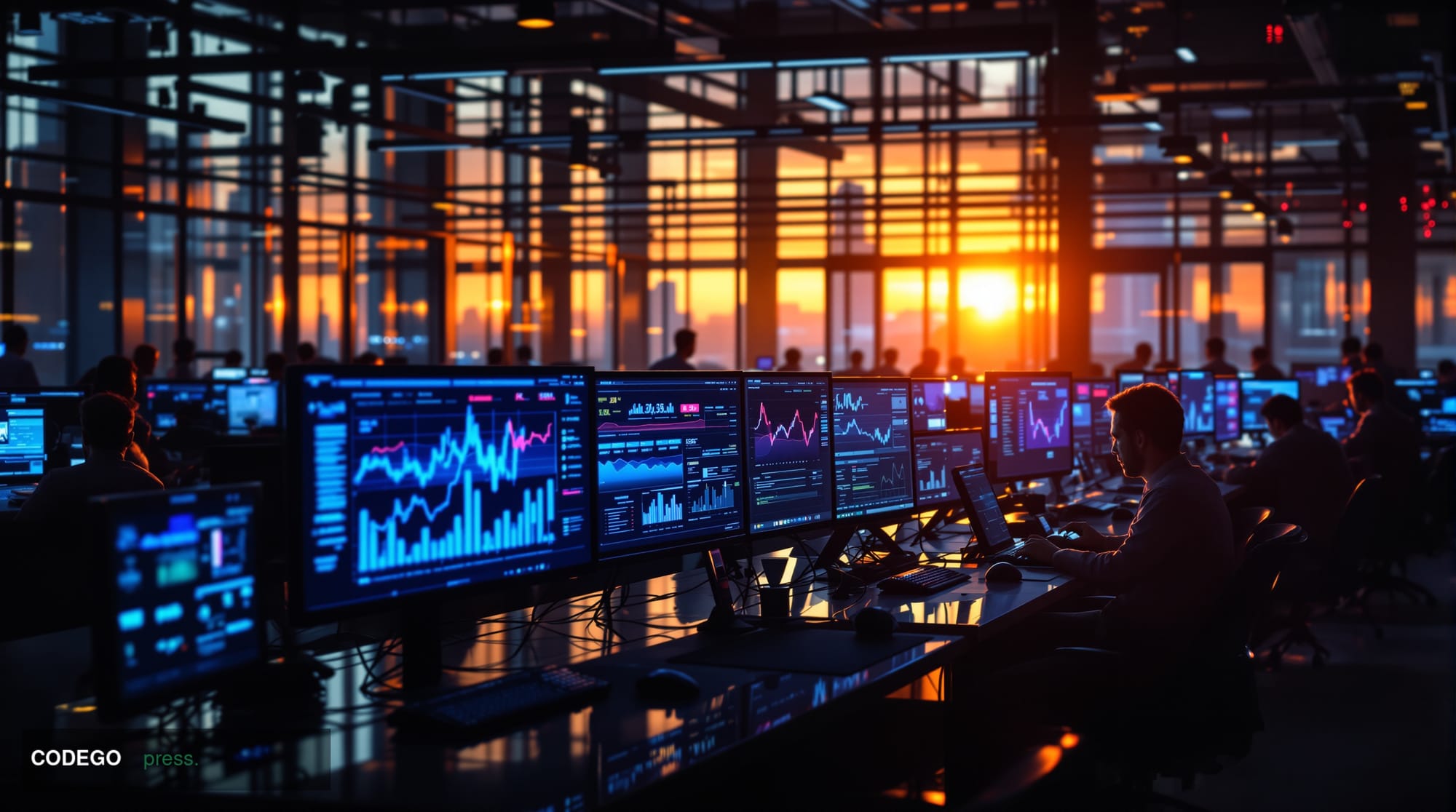 A cinematic editorial photograph showing the bustling Solana blockchain ecosystem headquarters or development center, with dr